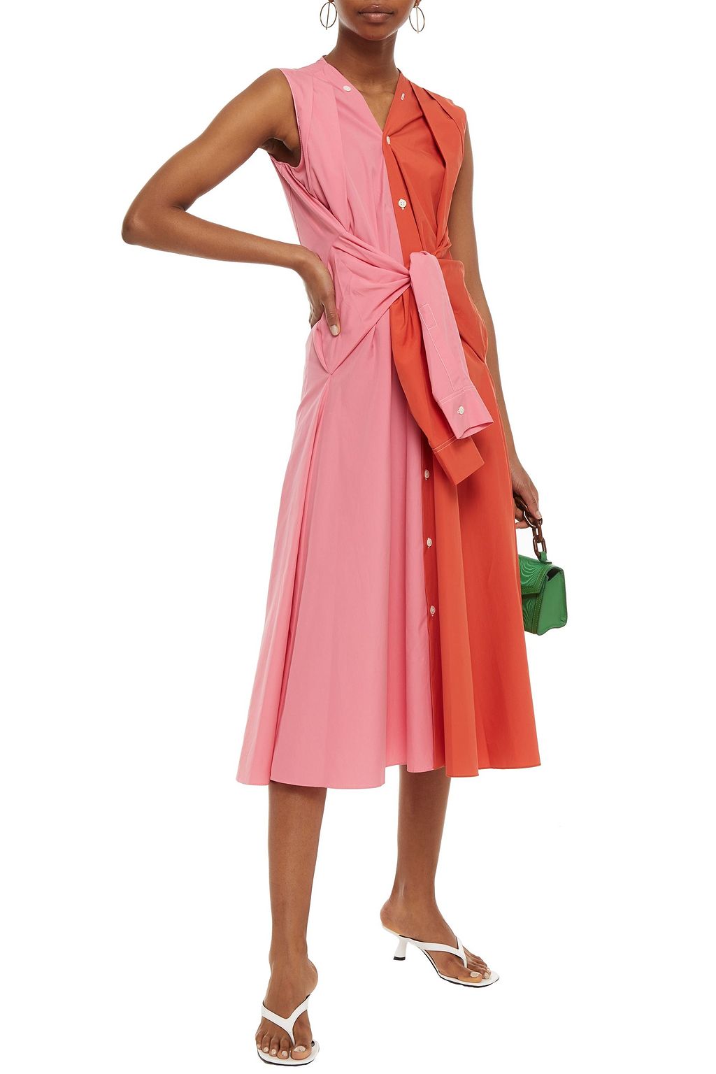 MARNI Tie-front two-tone cotton-poplin midi dress