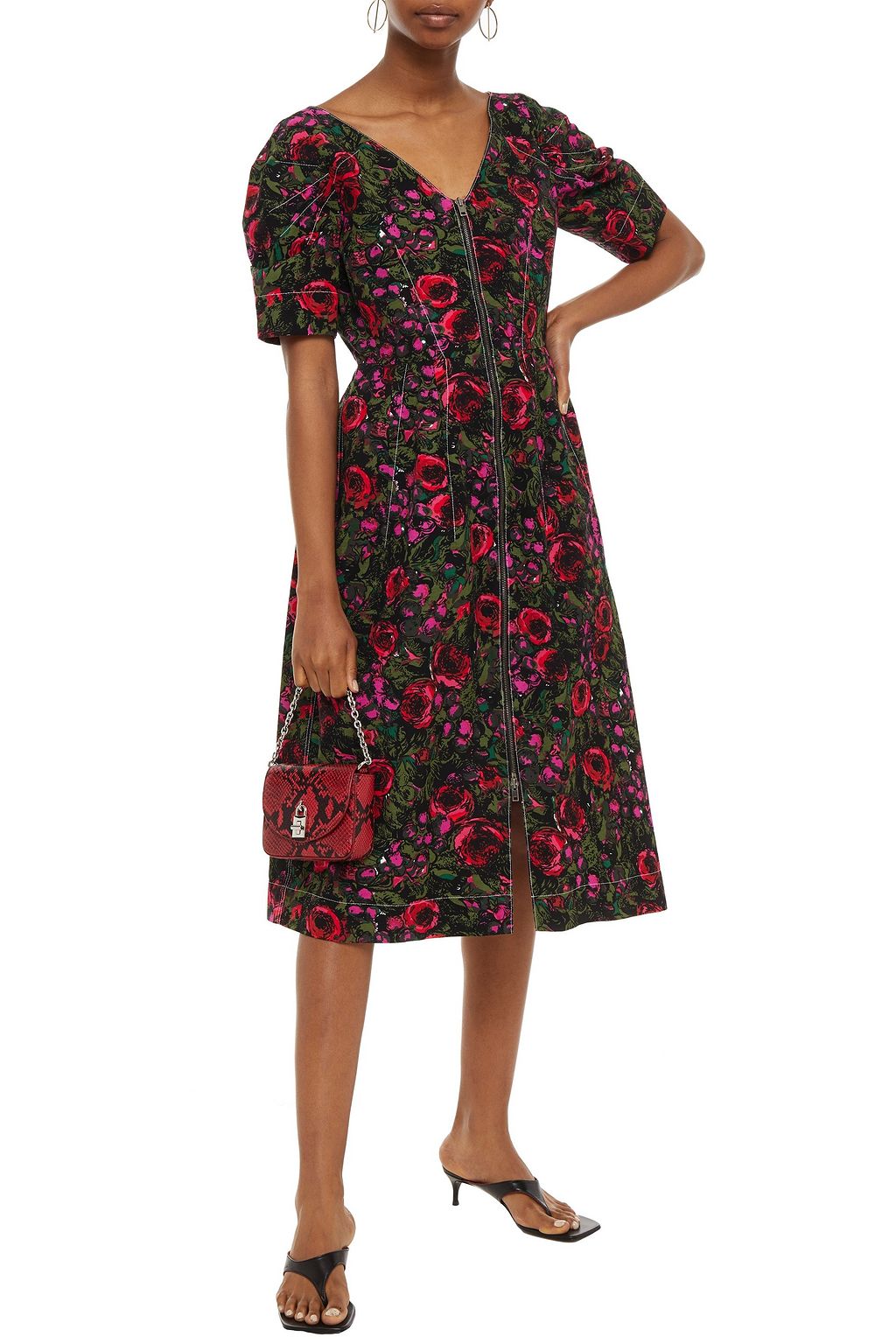 MARNI フローラルプリントコットン混ファイユ ミディワンピース
