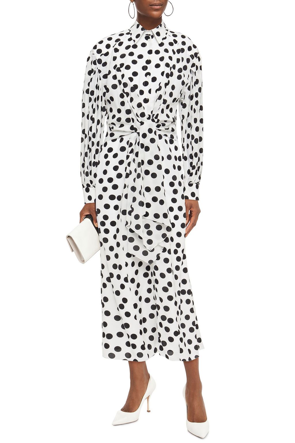 CAROLINA HERRERA Tie-front polka-dot stretch-crepe midi shirt dress