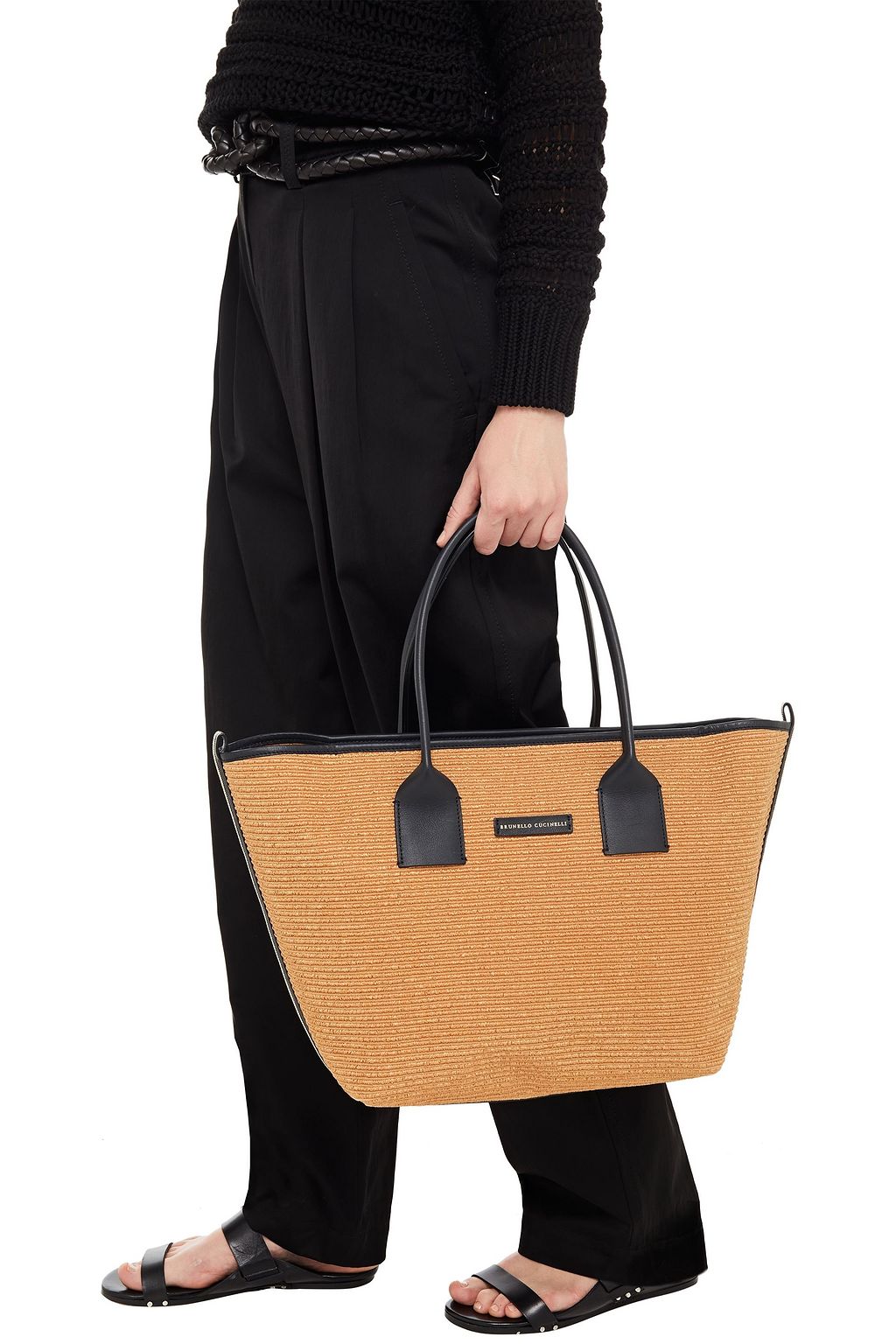 BRUNELLO CUCINELLI Leather-trimmed faux raffia tote