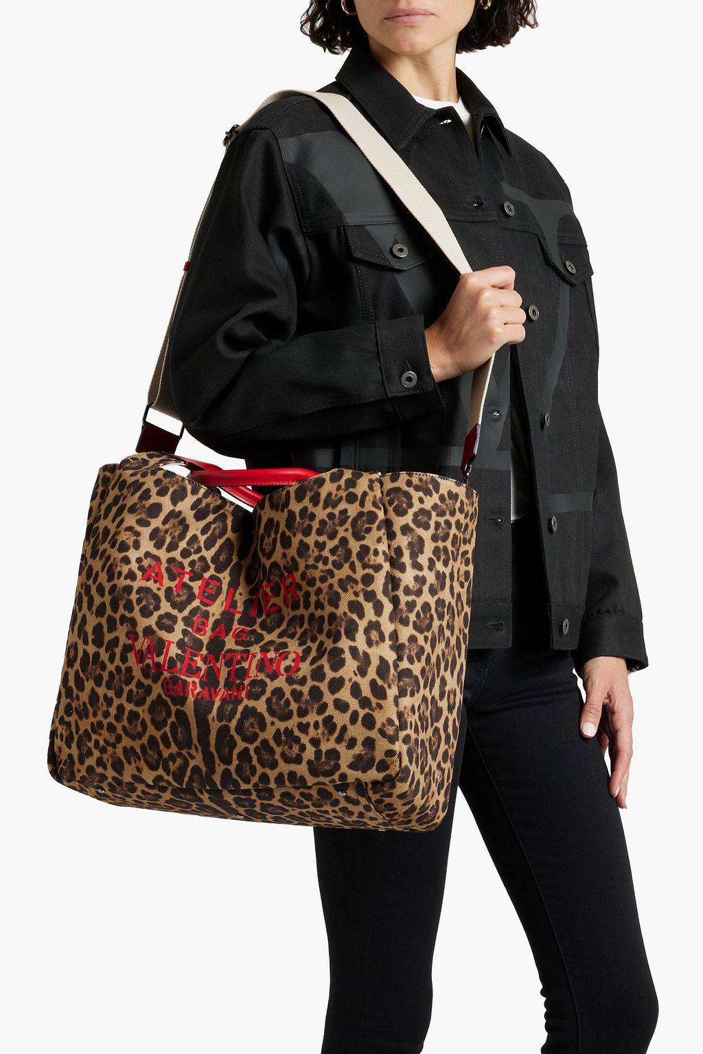 VALENTINO GARAVANI Atelier leather-trimmed leopard-print canvas tote