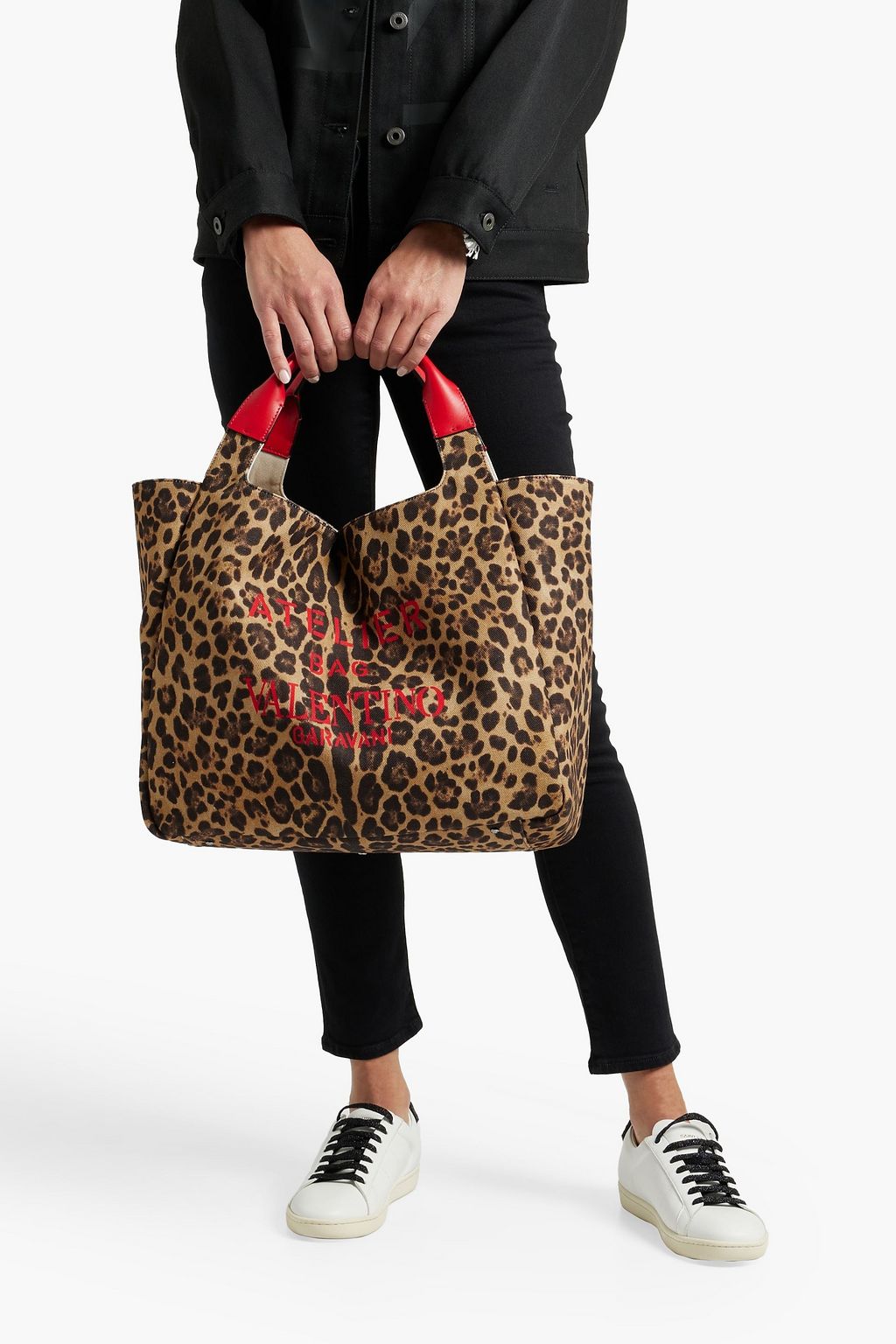 VALENTINO GARAVANI Atelier leather-trimmed leopard-print canvas tote
