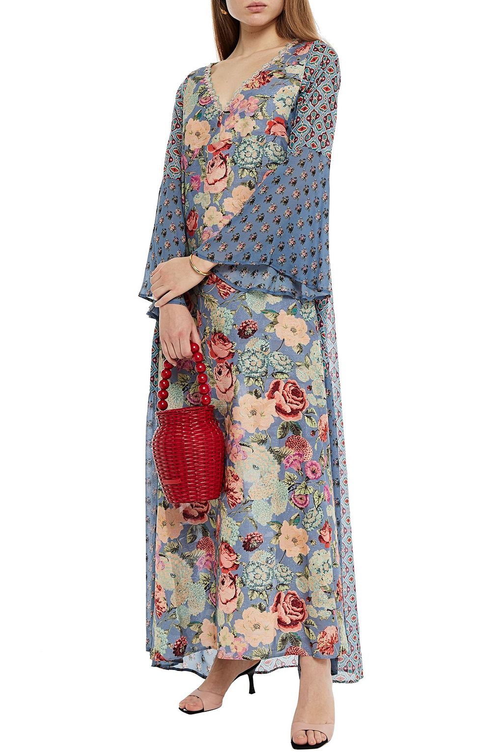 ANJUNA Allegra chiffon-paneled floral-print jacquard kaftan