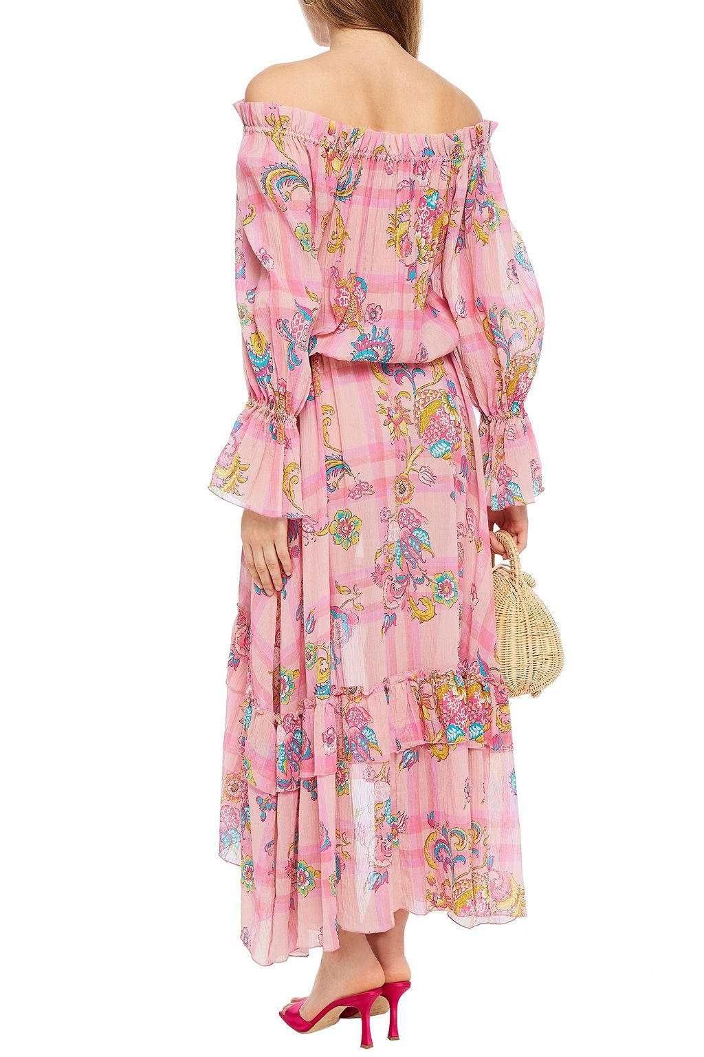 ANJUNA Off-the-shoulder printed cotton and silk-blend crepon maxi dress