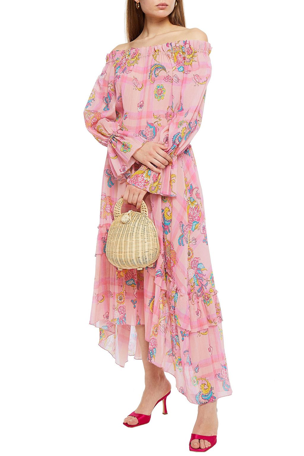 ANJUNA Off-the-shoulder printed cotton and silk-blend crepon maxi dress