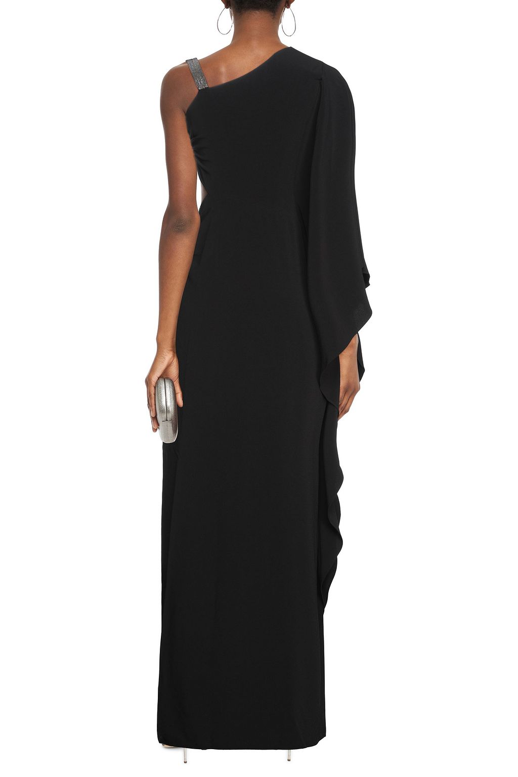 HALSTON One-sleeve embellished draped crepe gown