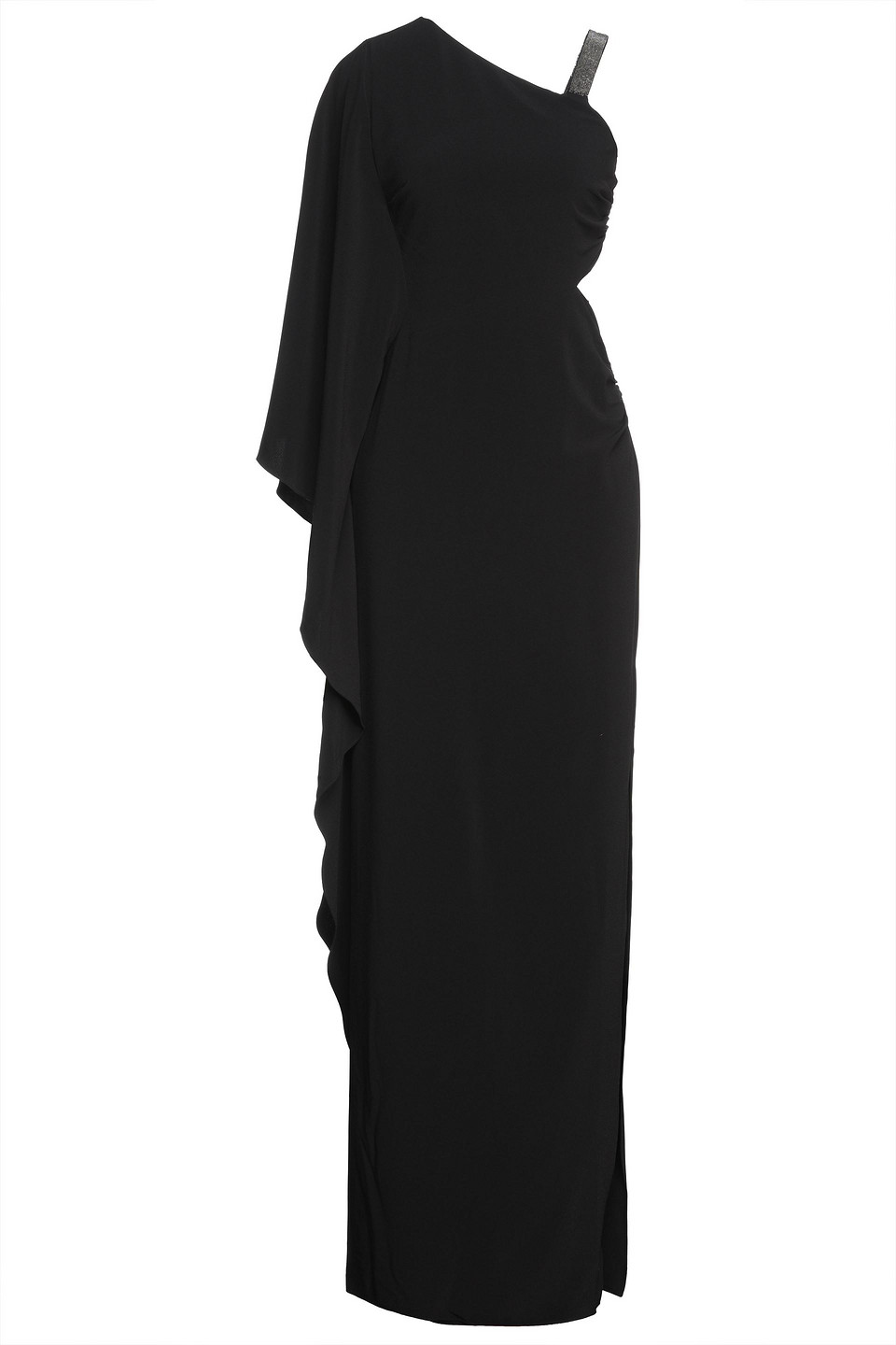 Halston One-sleeve embellished draped crepe gown