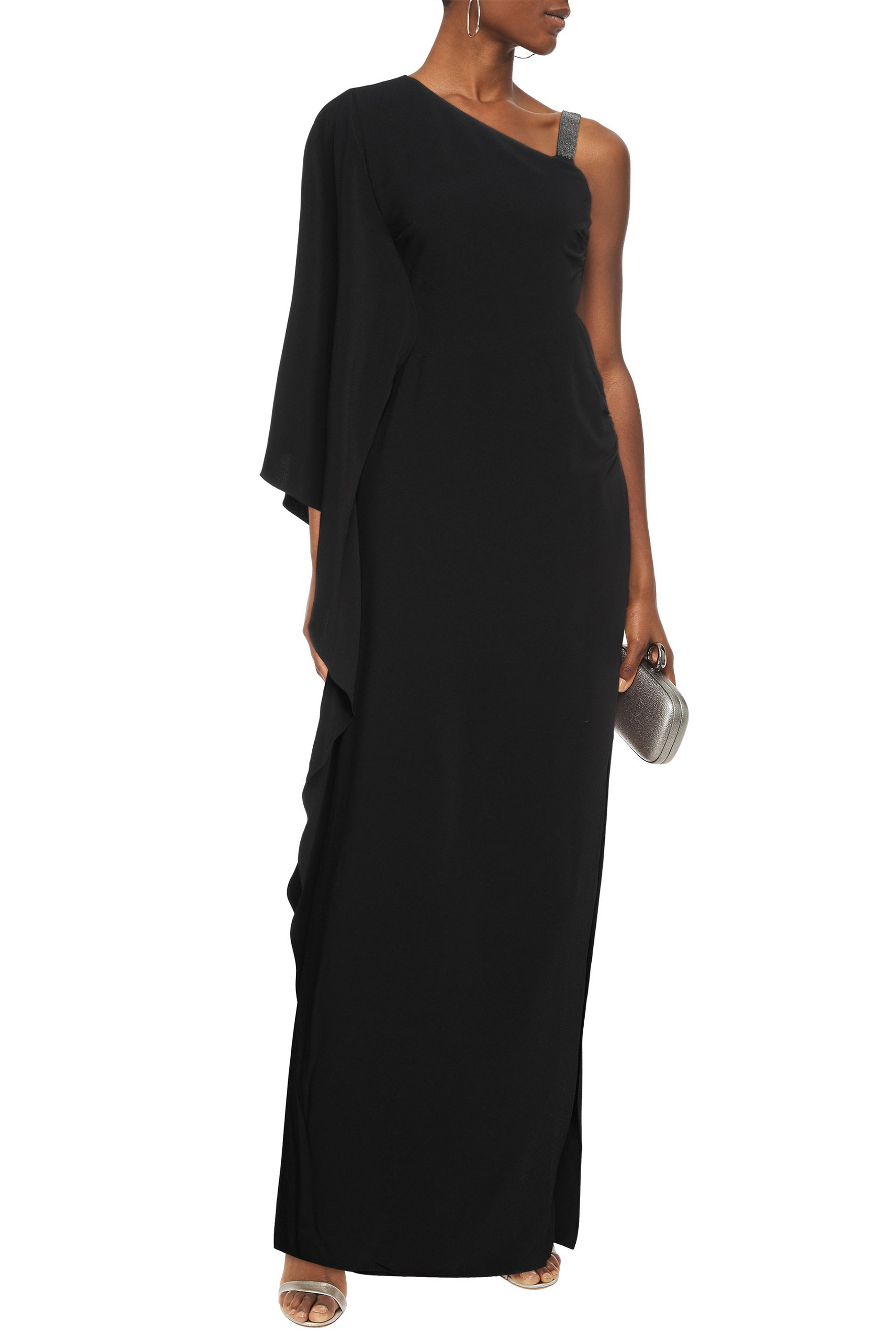 HALSTON One-sleeve embellished draped crepe gown