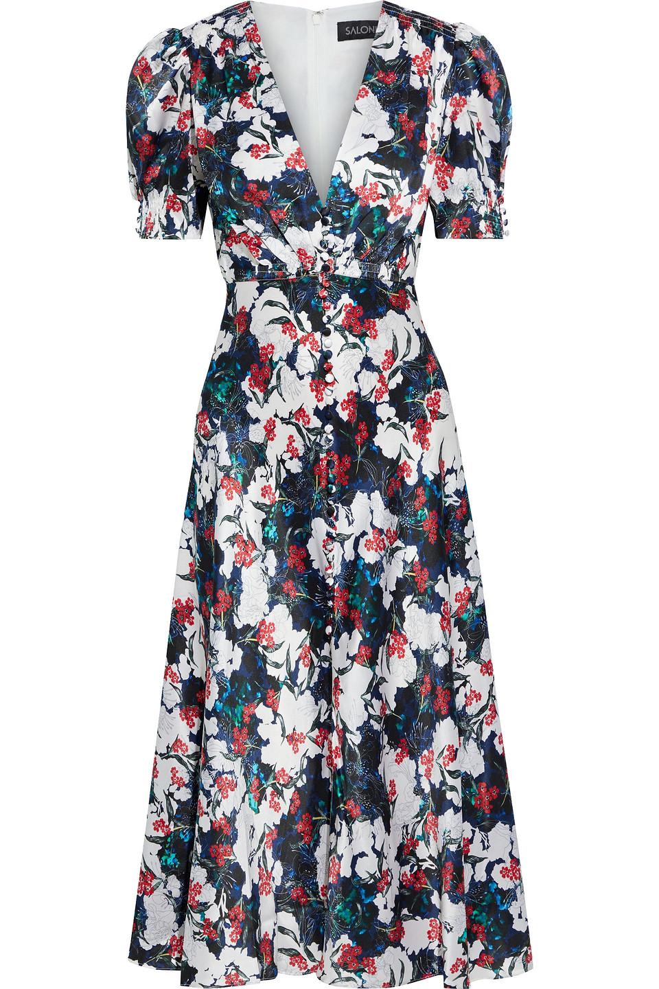 Lea shirred floral-print silk-satin midi dress