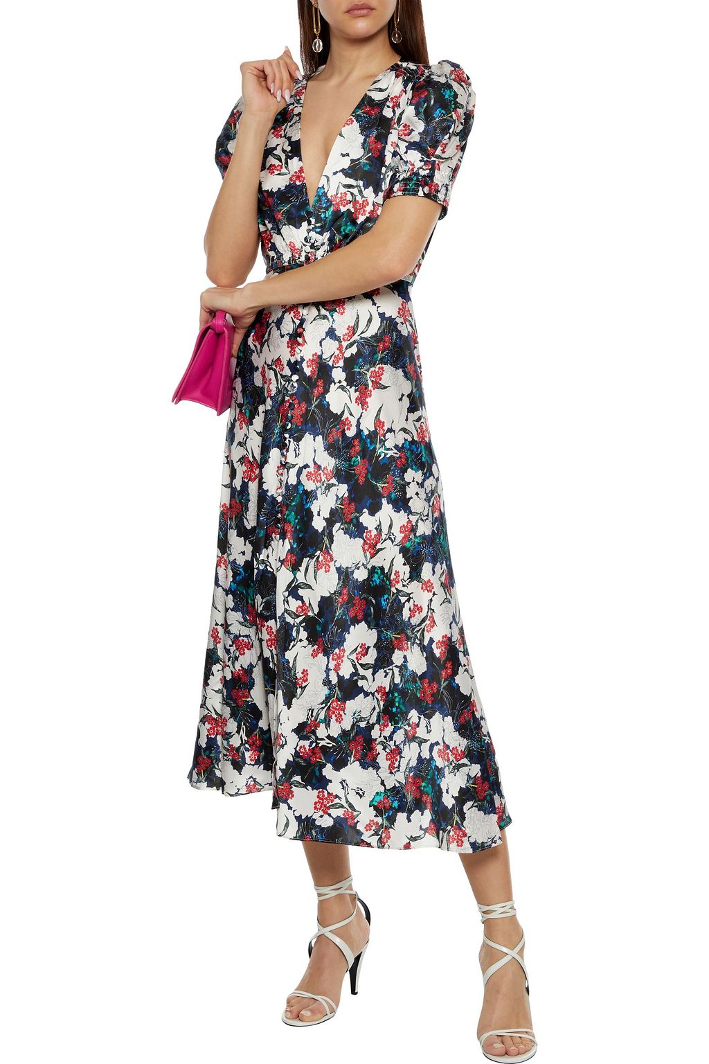 SALONI Lea shirred floral-print silk-satin midi dress