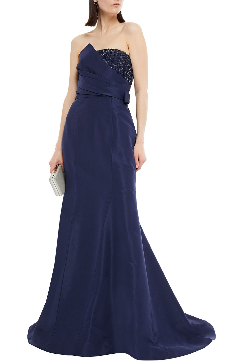 Carolina Herrera Strapless Embellished Silk-faille Gown In Navy