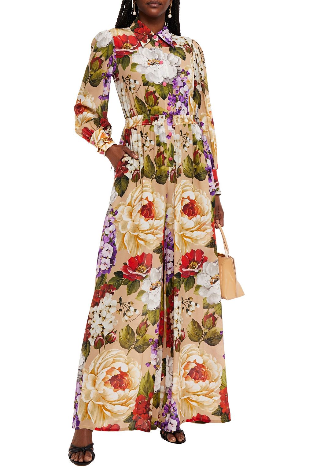 DOLCE&GABBANA Gathered floral-print silk crepe de chine jumpsuit
