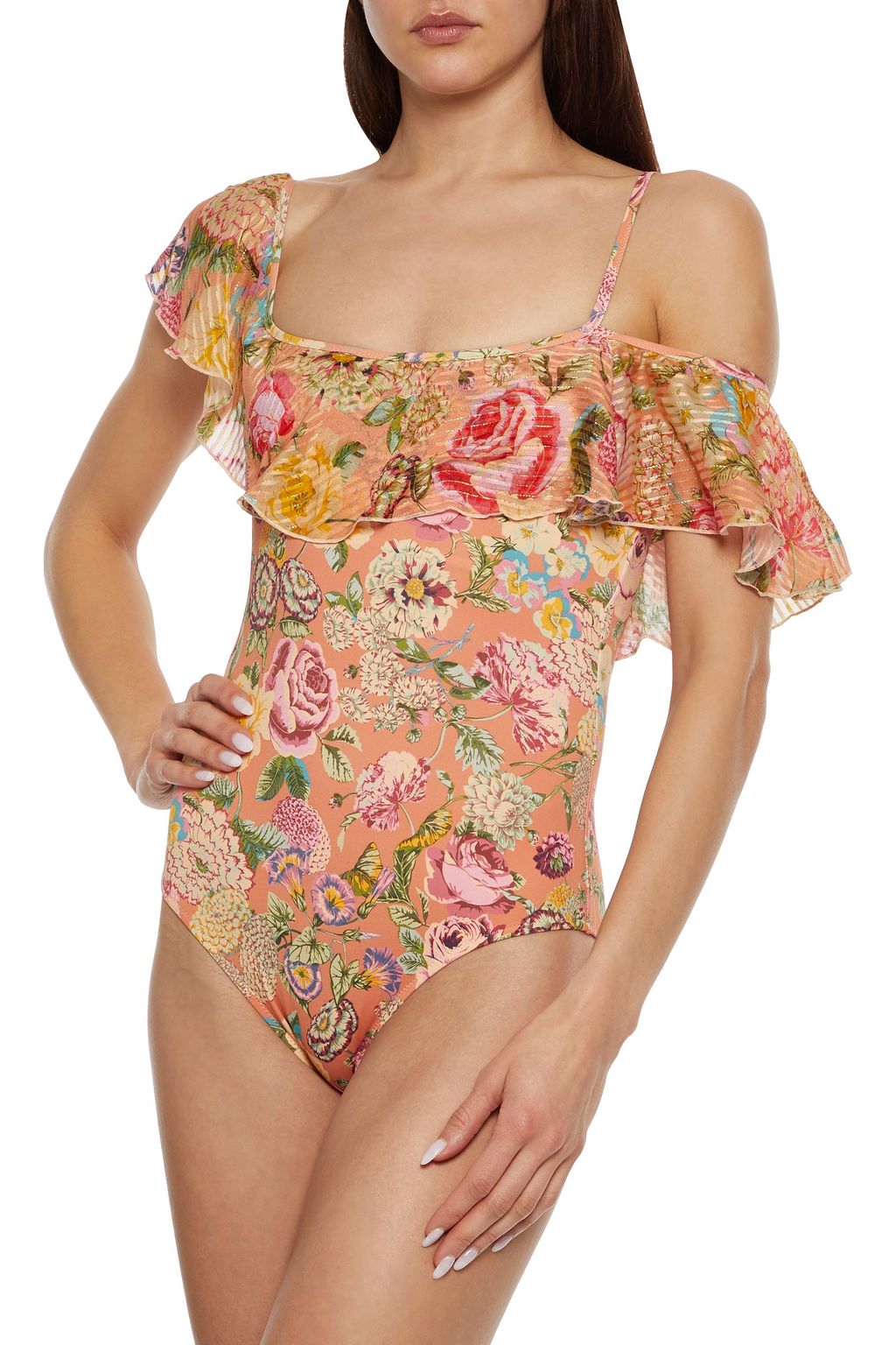 ANJUNA Maria Chiara cold-shoulder ruffled floral-print swimsuit
