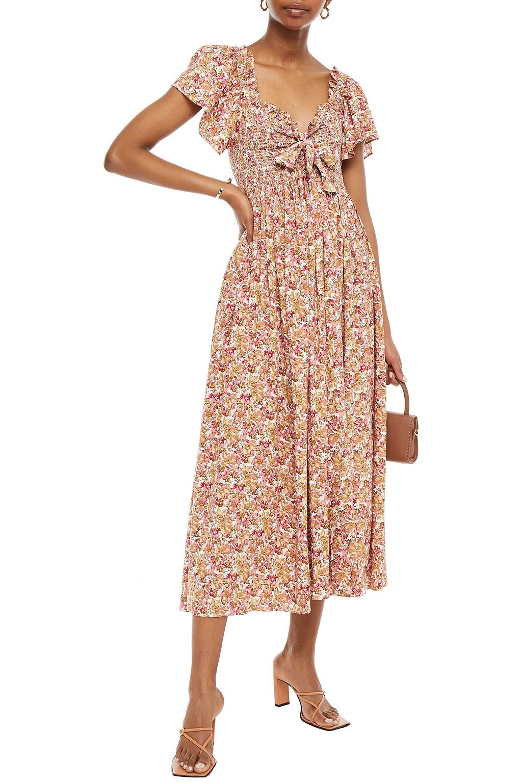 BYTIMO Bow-detailed floral-print woven midi dress