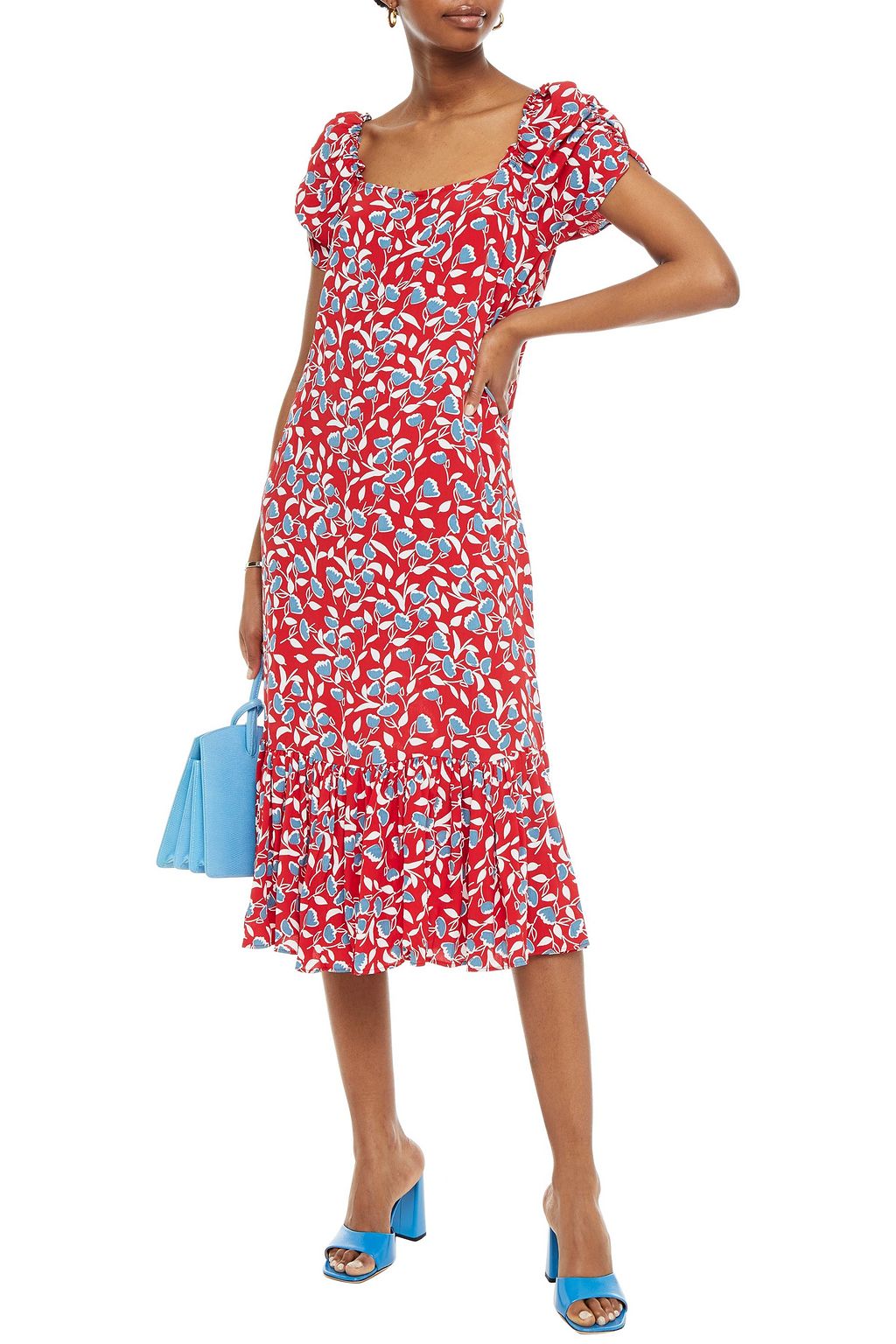 BYTIMO Gathered floral-print crepe de chine midi dress