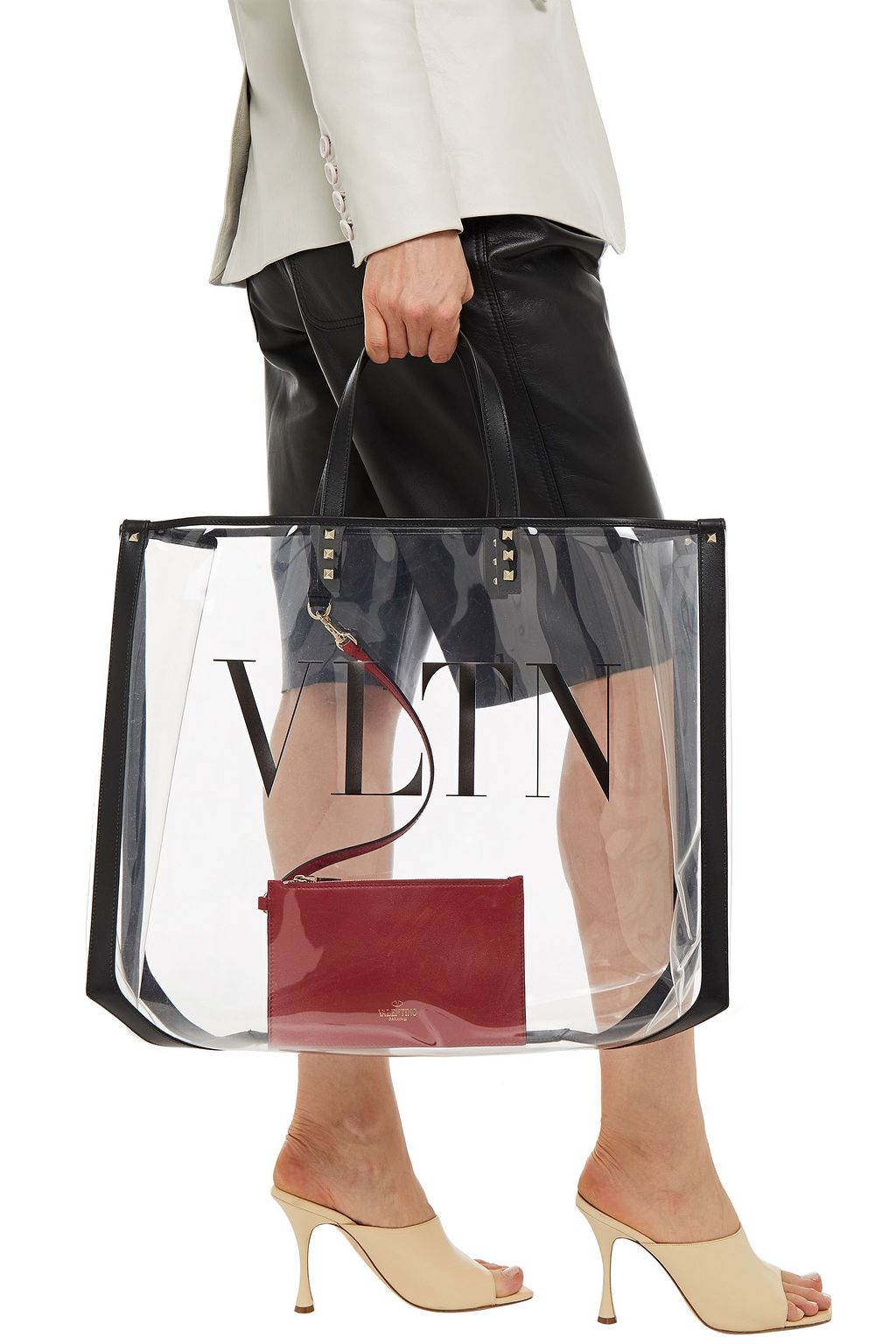 VALENTINO GARAVANI Grande Plage leather-trimmed studded logo-print PVC tote