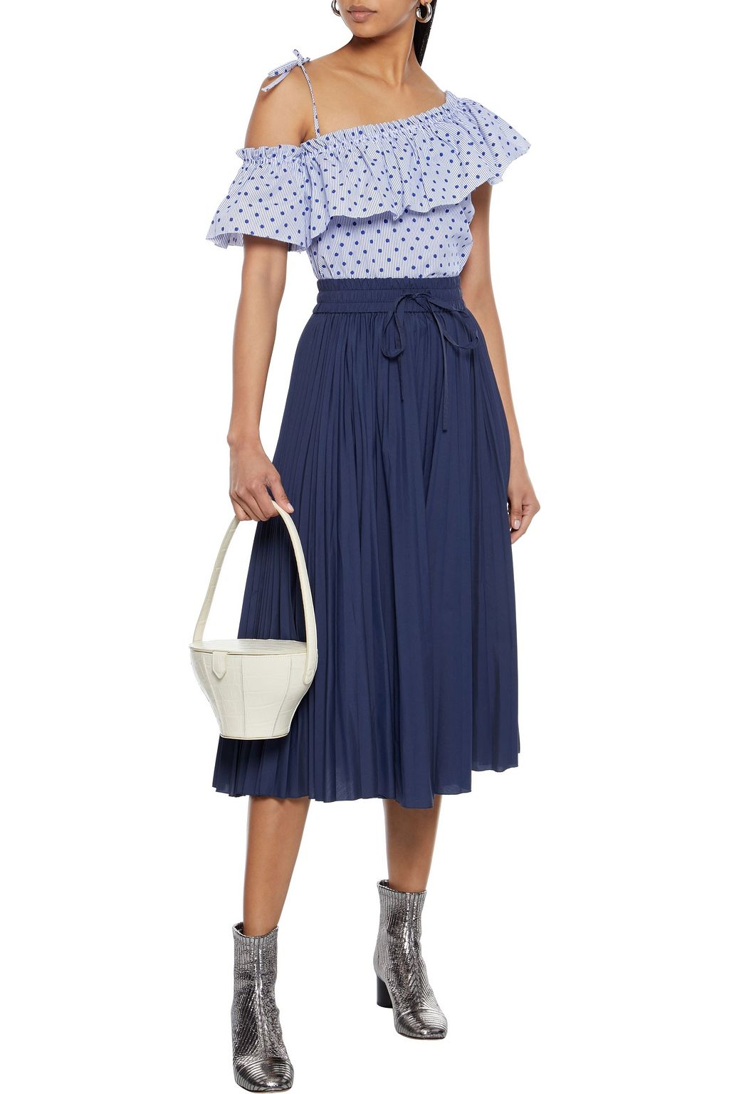 REDVALENTINO Pleated cotton-blend poplin midi skirt