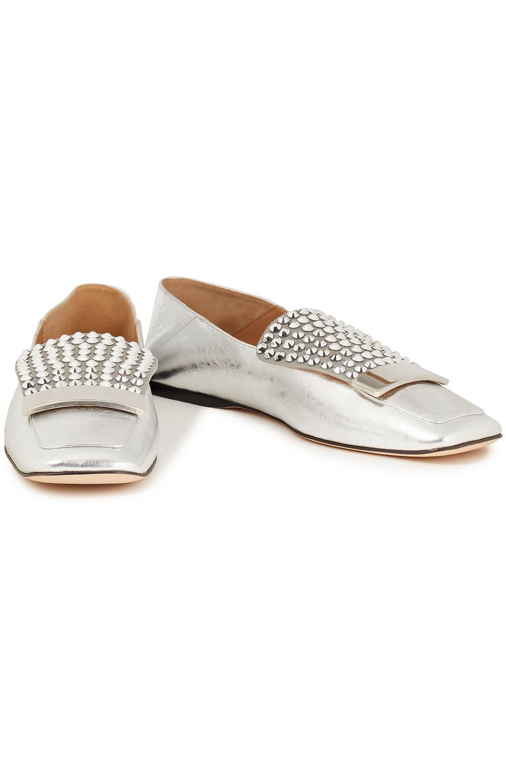 SERGIO ROSSI sr1 embellished metallic leather collapsible-heel loafers