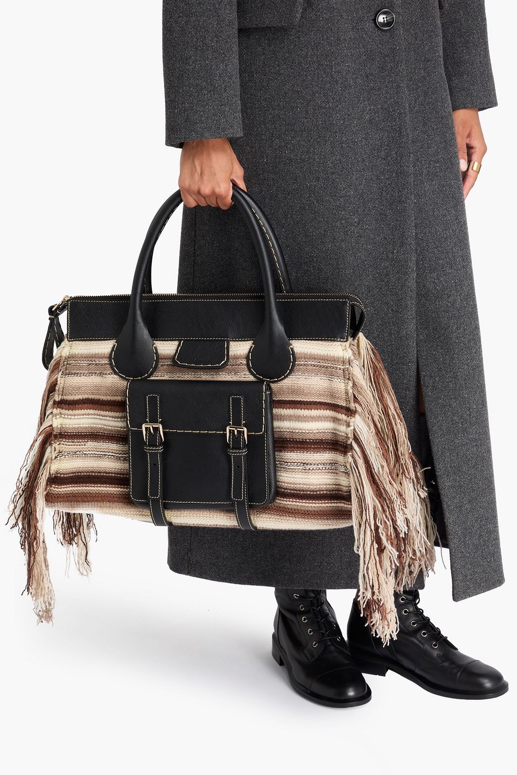 CHLOÉ Edith fringed striped crochet and leather tote