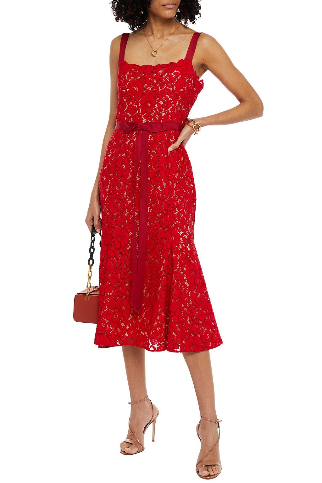 OSCAR DE LA RENTA Fluted cotton-blend corded lace midi dress