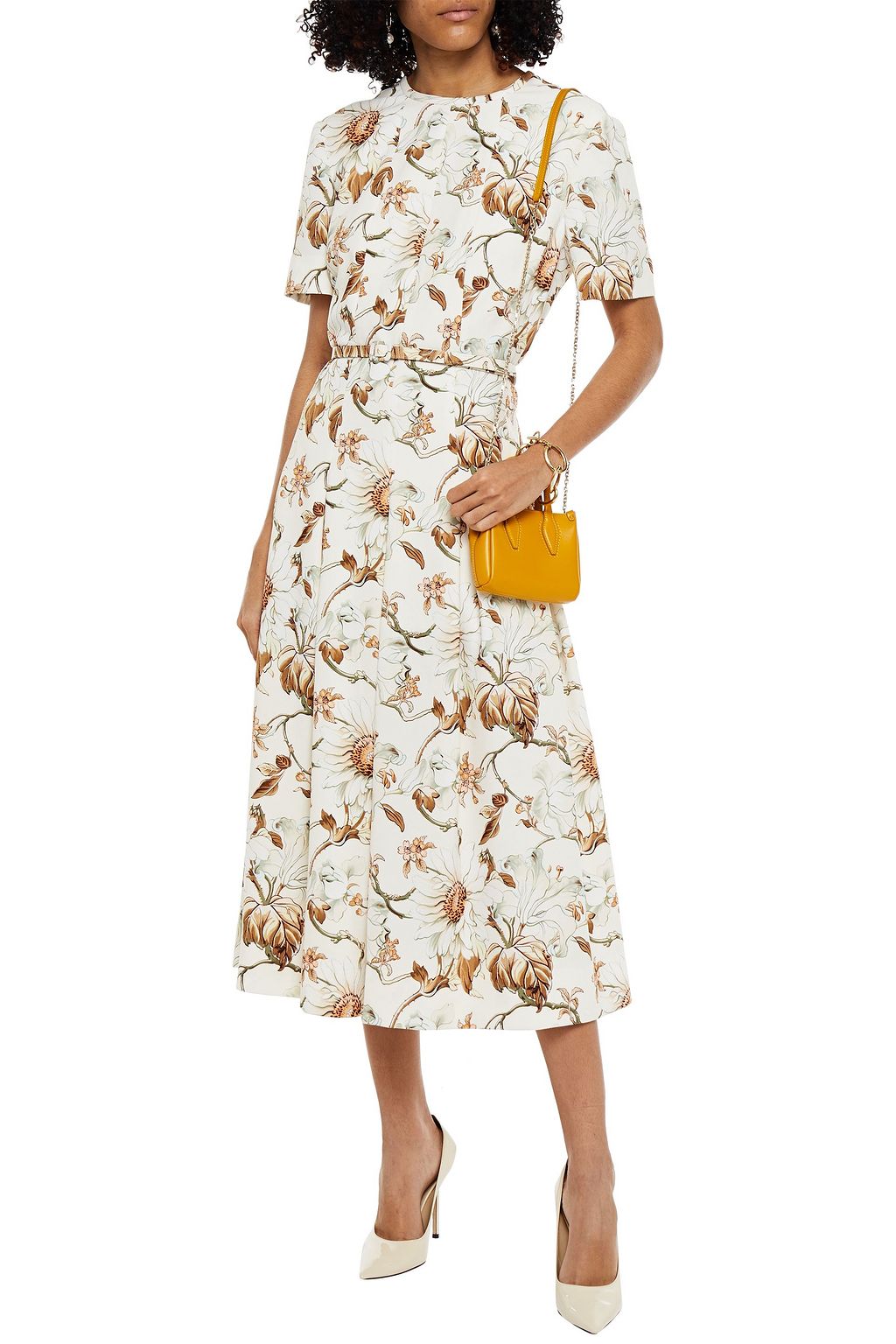OSCAR DE LA RENTA Belted pleated floral-print crepe midi dress