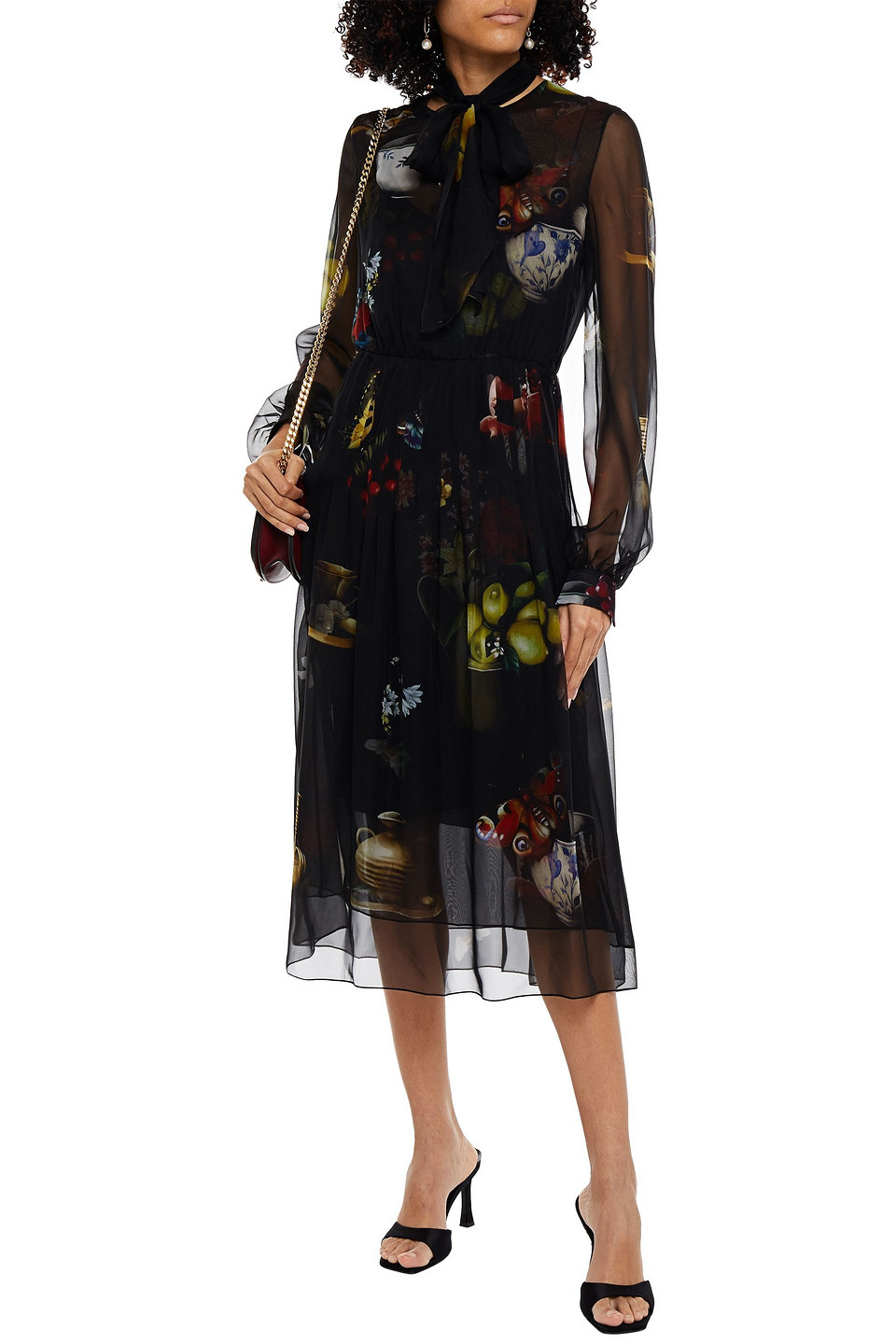 Oscar De La Renta Pussy-bow Printed Silk-chiffon Midi Dress In Black