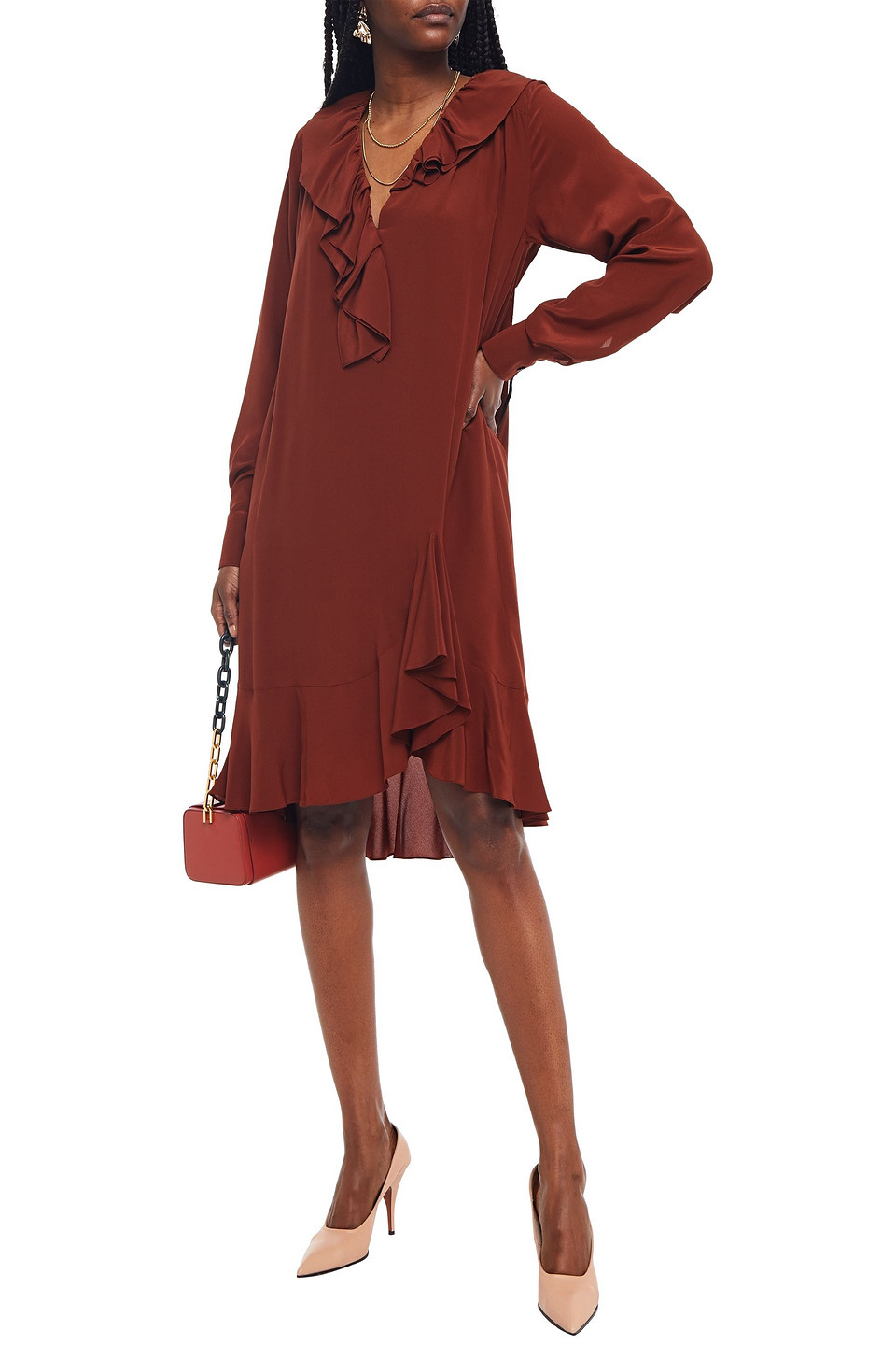 Victoria Beckham Ruffled Silk Crepe De Chine Dress In Brown