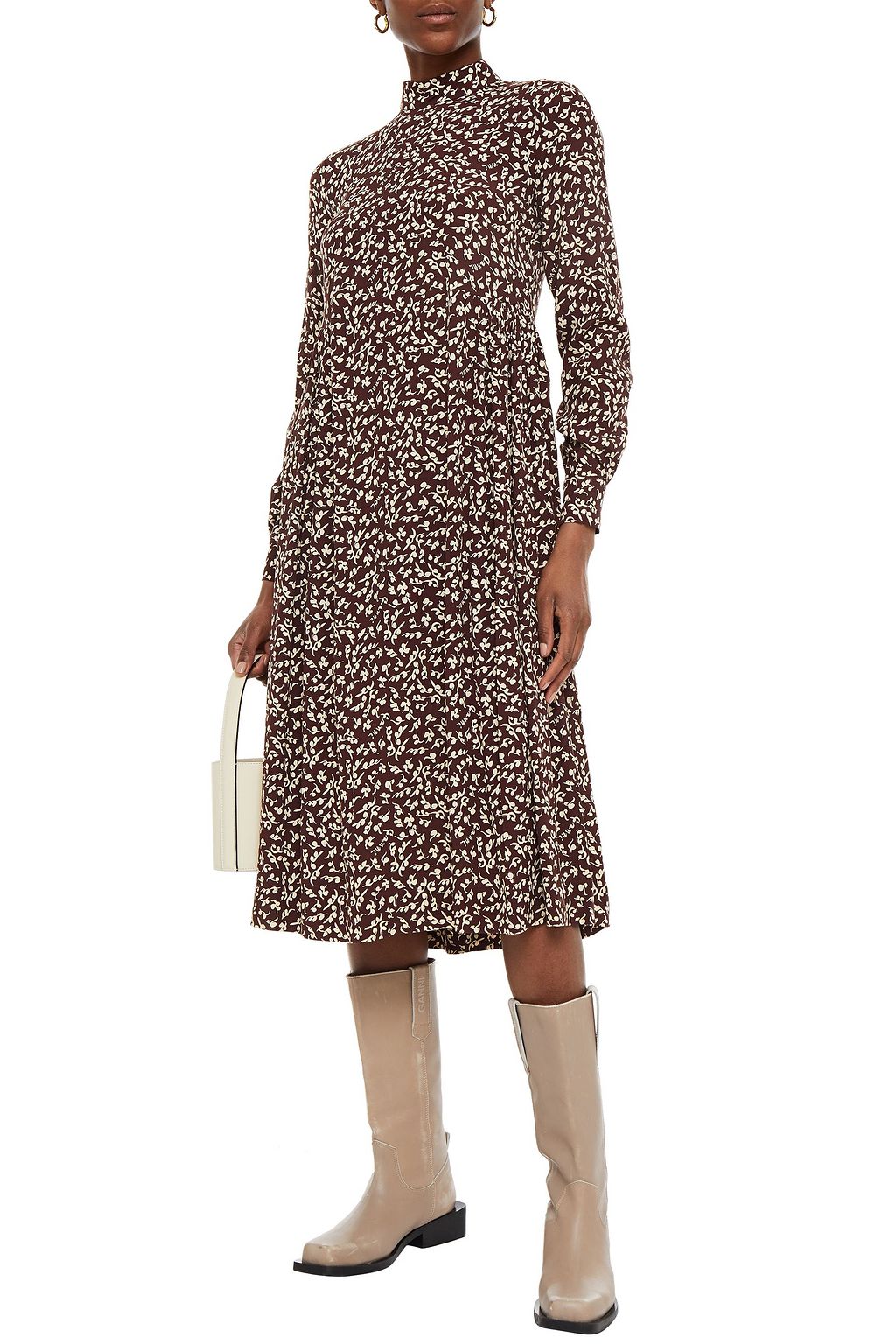 GANNI Gathered printed crepe midi dress