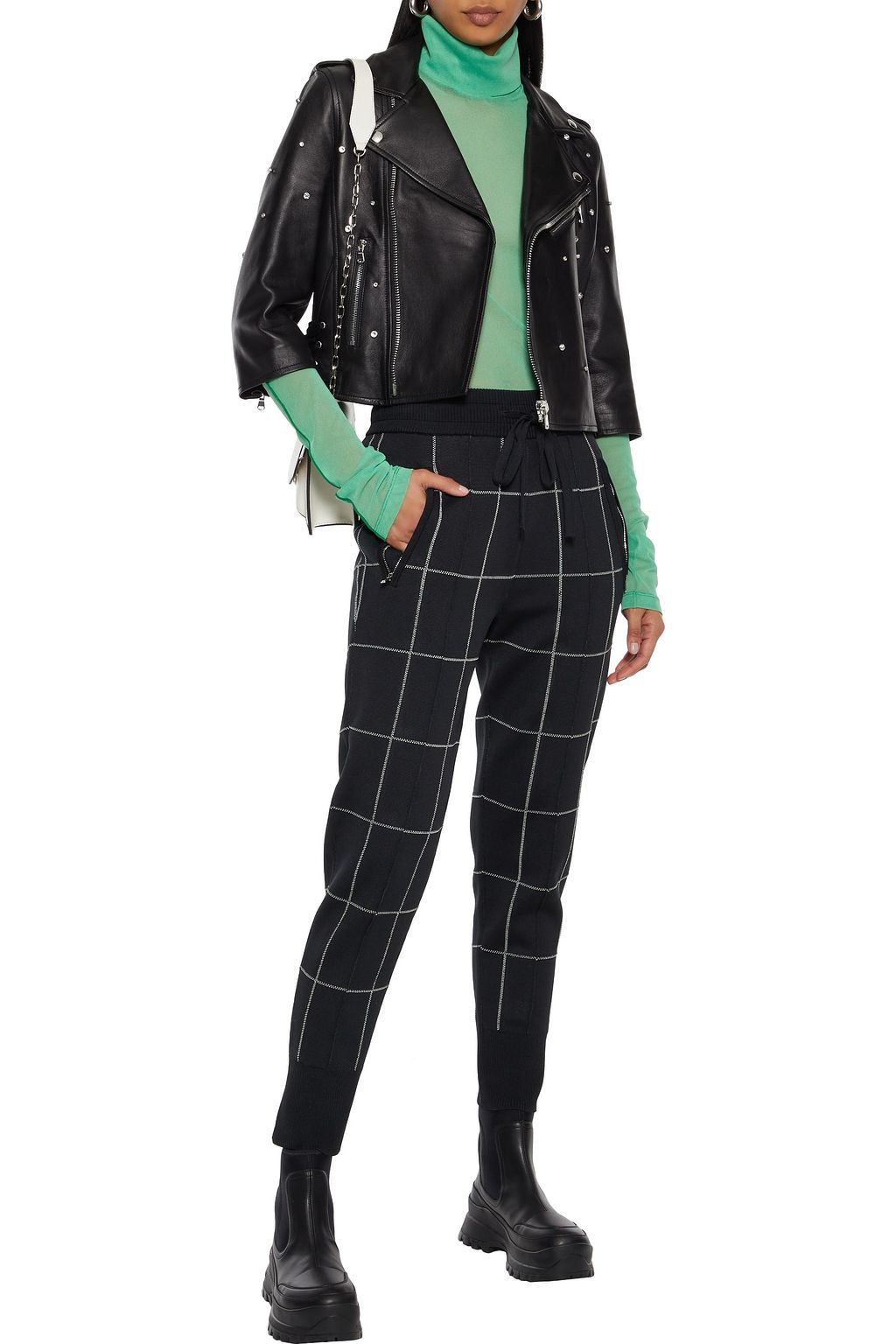 REDVALENTINO Cropped crystal-embellished leather biker jacket