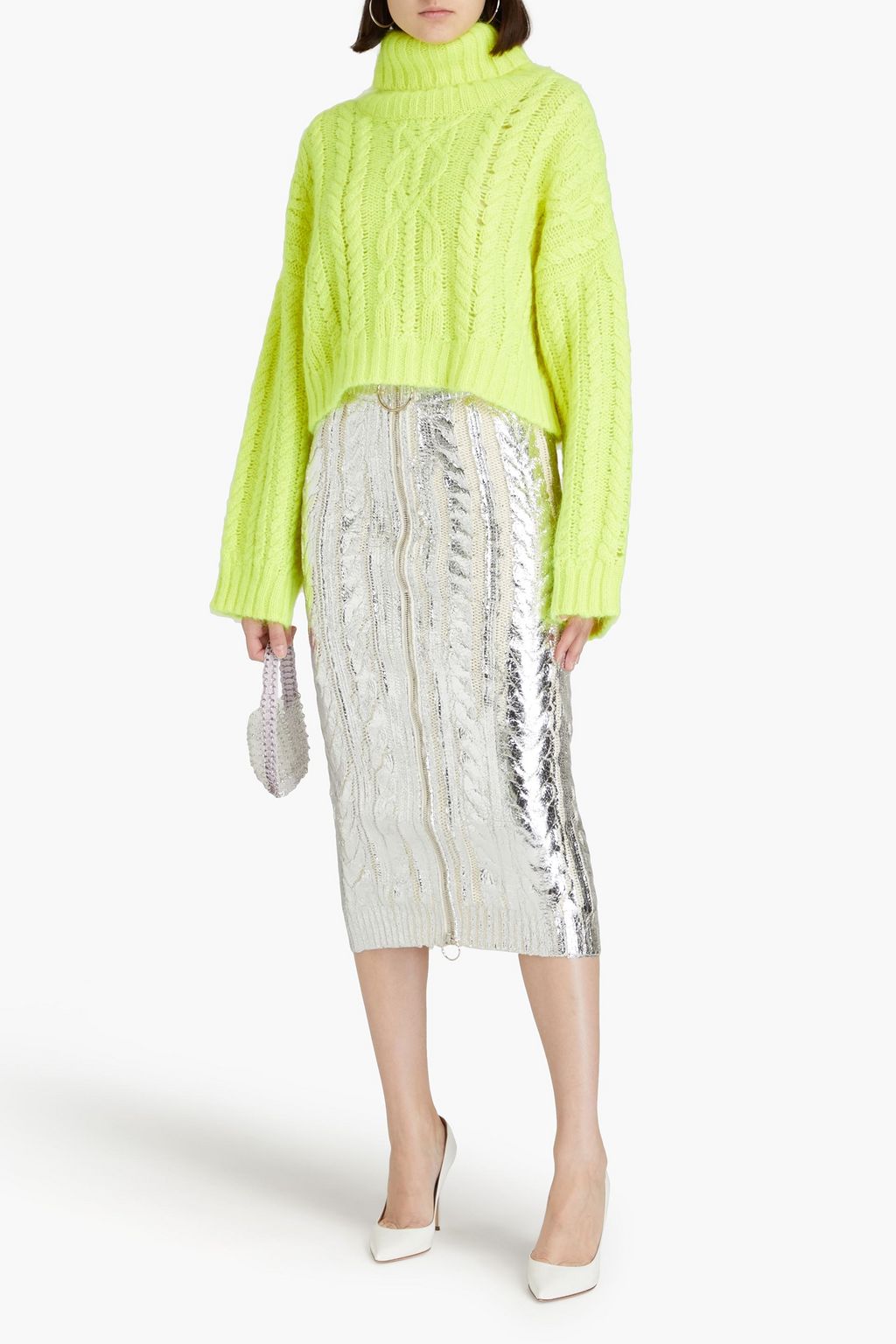 BALMAIN 메탈릭 울 혼방 미디 펜슬 스커트