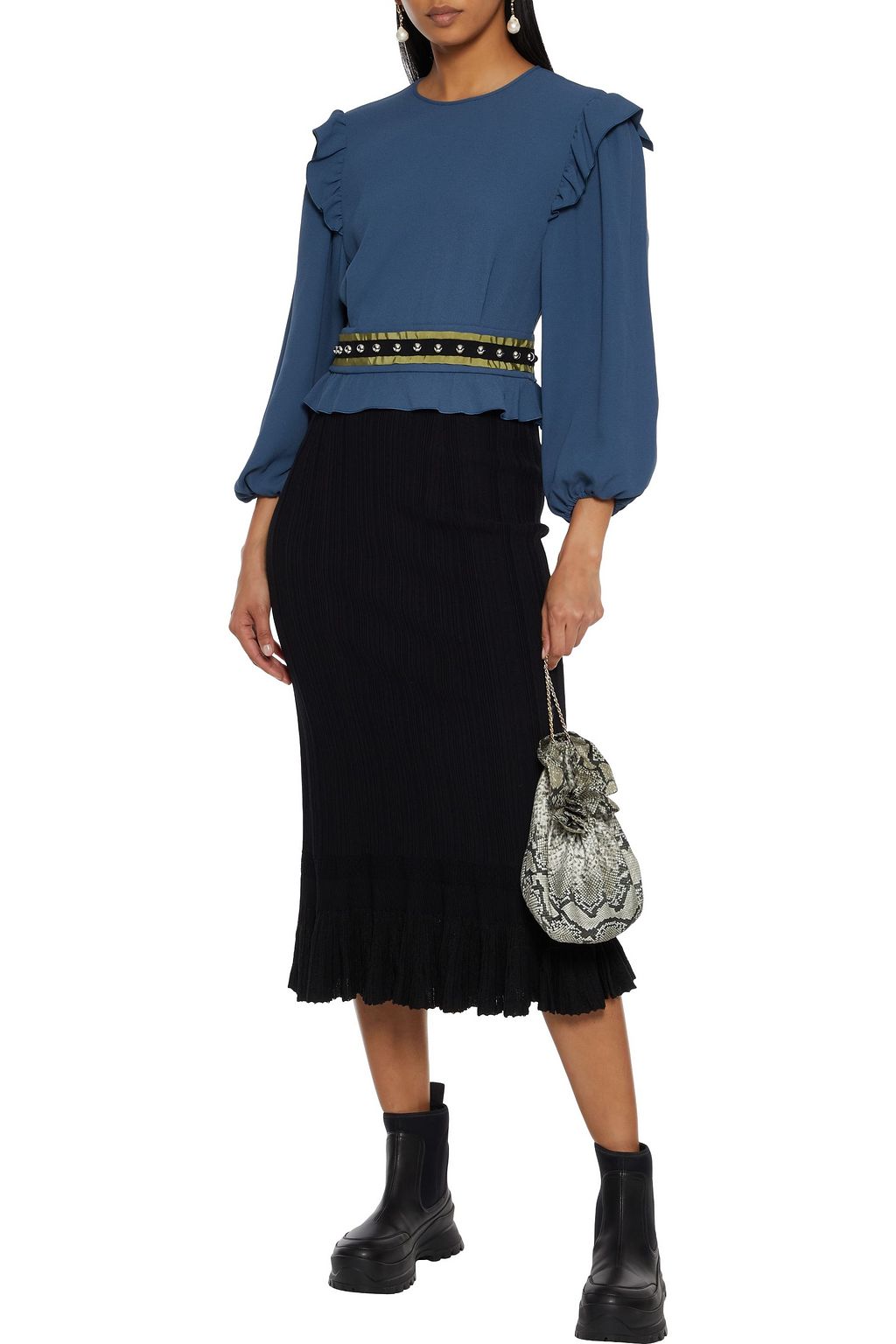 REDVALENTINO Ruffled studded crepe blouse
