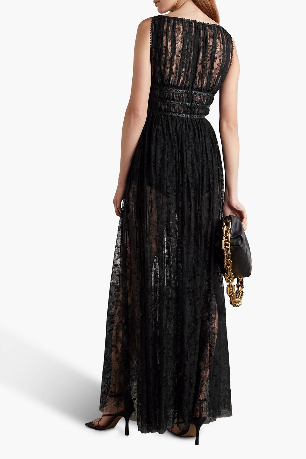 ALAÏA Gathered leather-trimmed lace gown