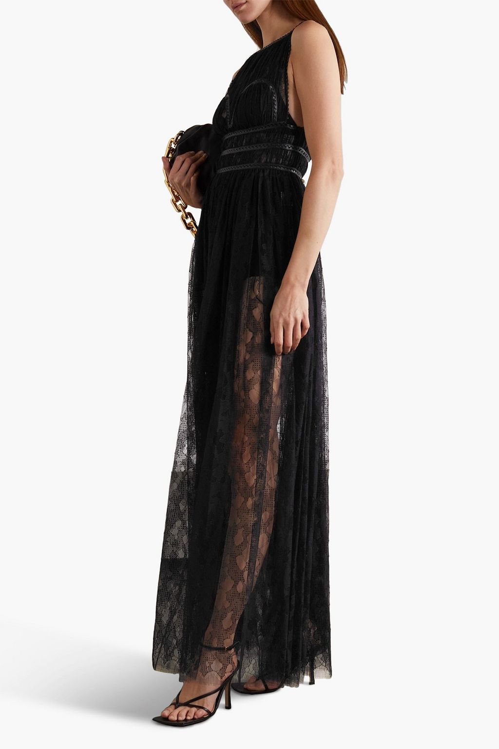 ALAÏA Gathered leather-trimmed lace gown