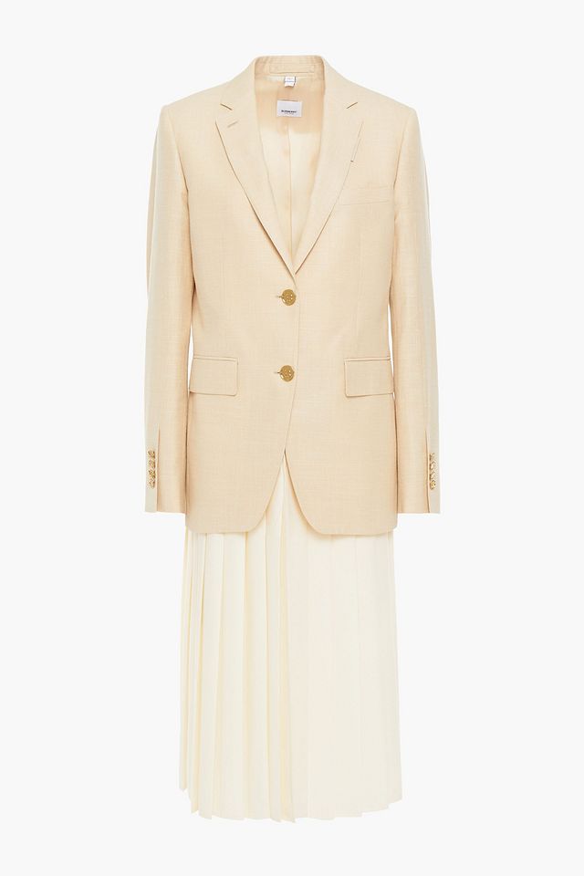 Pleated crepe de chine-paneled wool, silk and linen-blend blazer