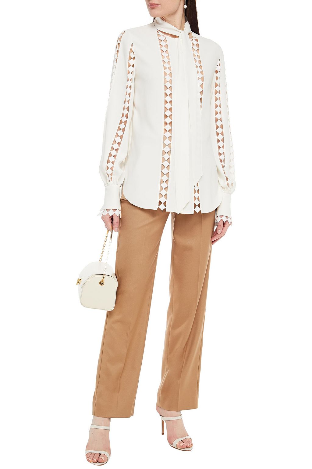 OSCAR DE LA RENTA Pussy-bow guipure lace-trimmed silk-blend crepe blouse