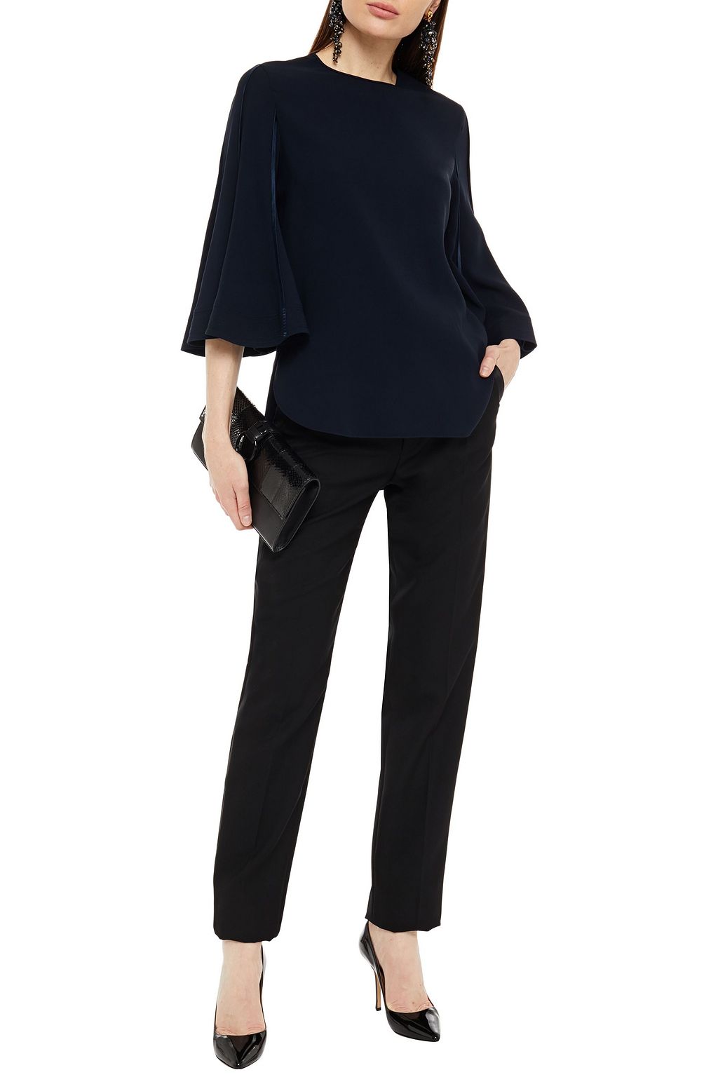 OSCAR DE LA RENTA Satin-trimmed silk-blend crepe de chine blouse