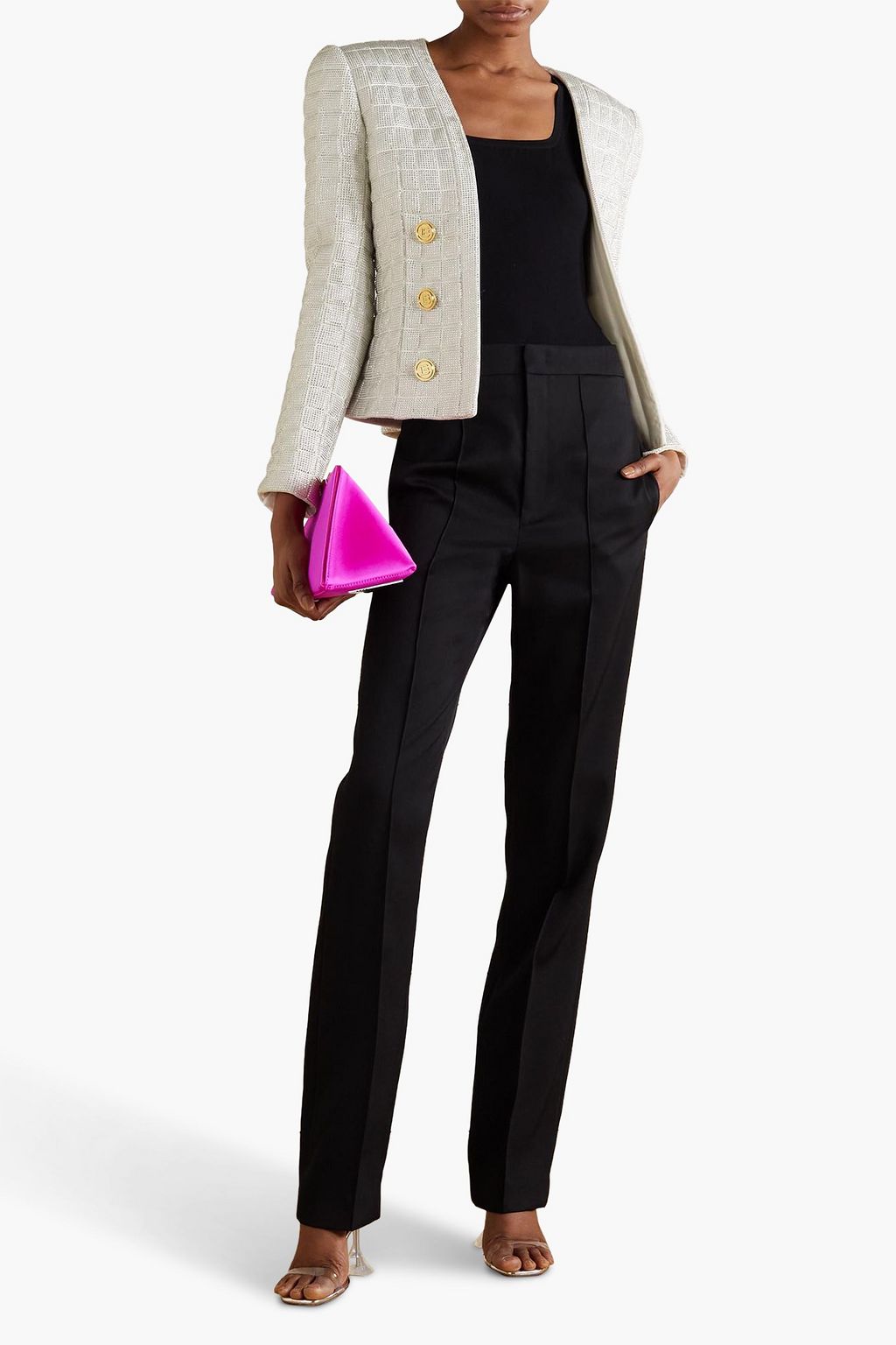 BALMAIN 크리스털 장식 퀼팅 실크 재킷