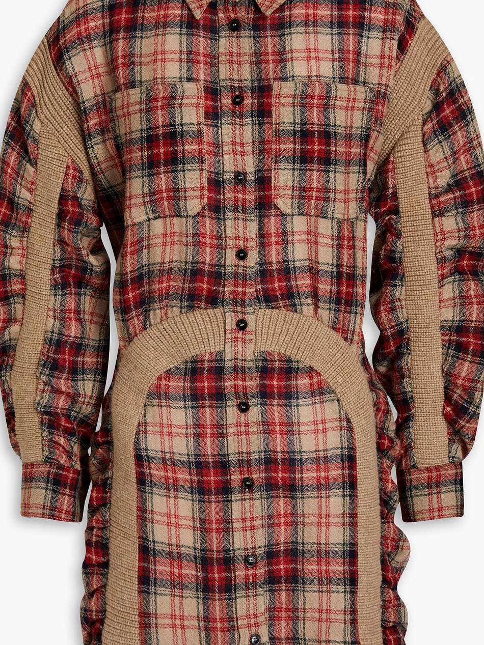 wren ruched checked wool mini shirt dress