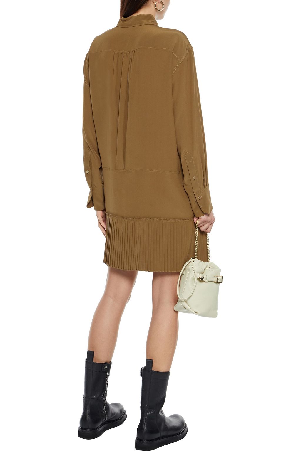 CHLOÉ Tie-detailed pleated silk crepe de chine mini shirt dress