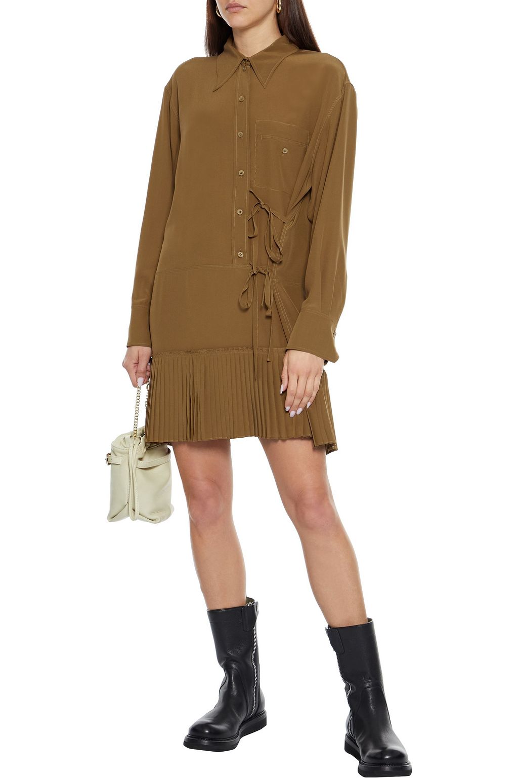 CHLOÉ Tie-detailed pleated silk crepe de chine mini shirt dress