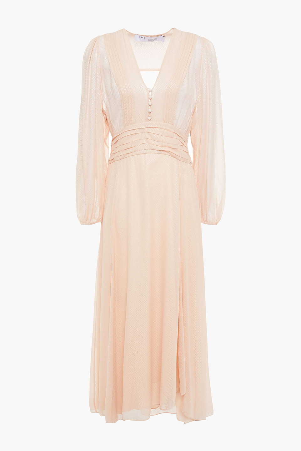 Pintucked metallic polka-dot georgette midi dress
