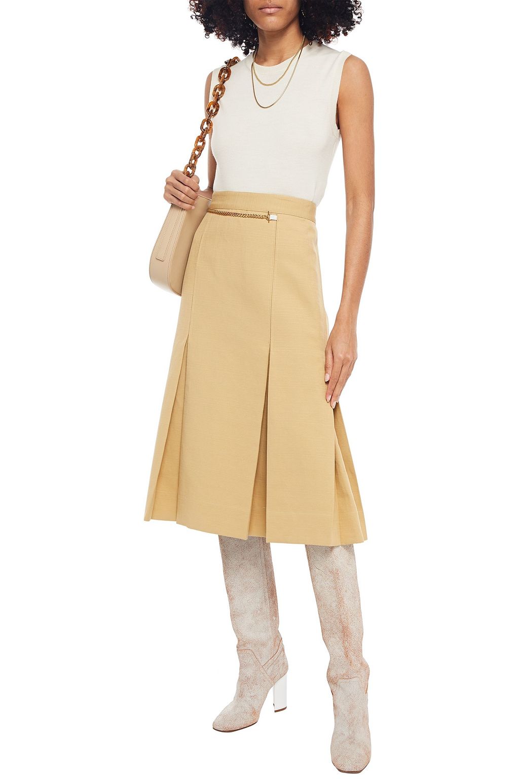 VICTORIA BECKHAM Chain-embellished linen and cotton-blend midi skirt