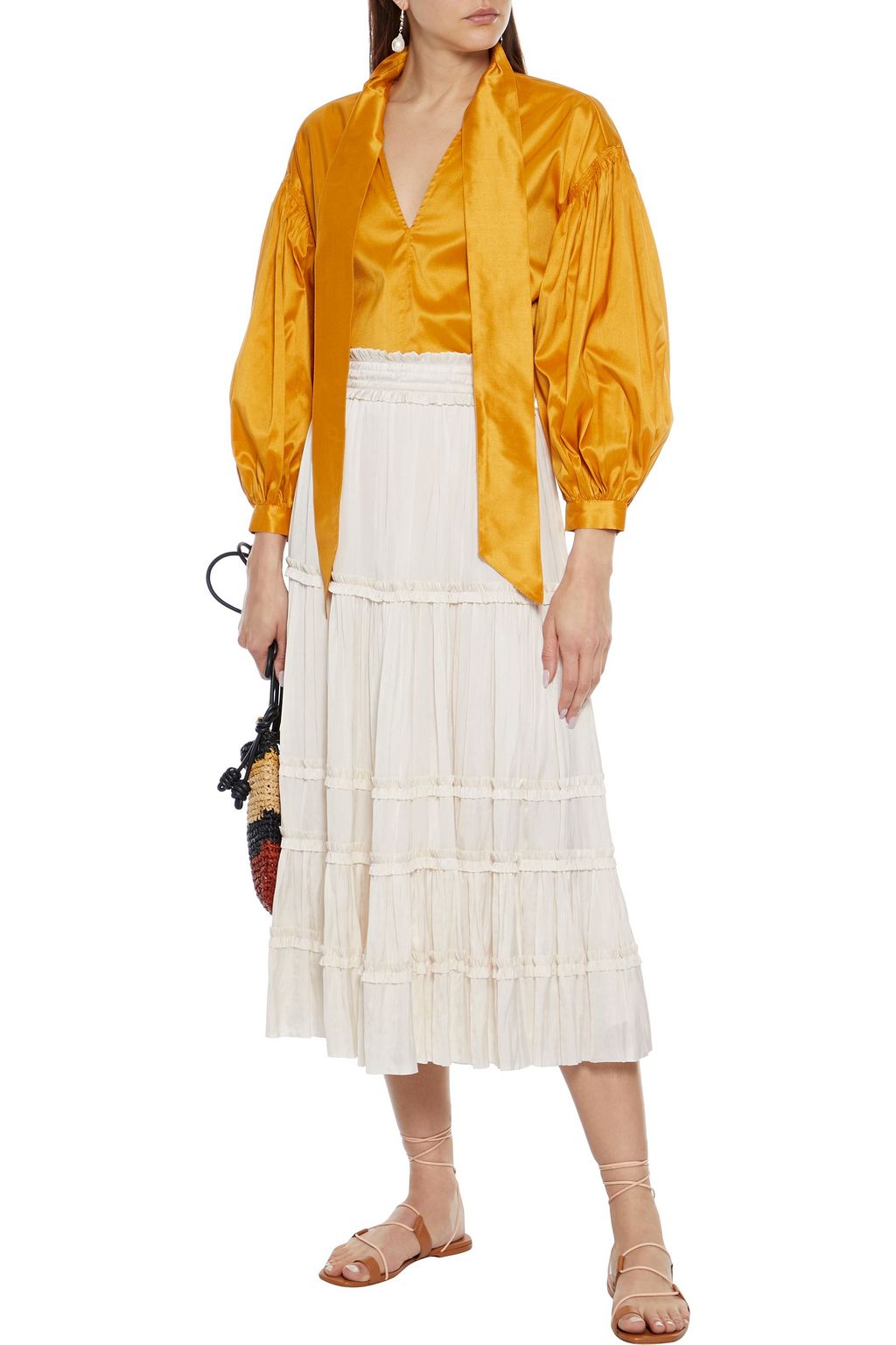 ULLA JOHNSON Carina tiered crinkled-satin midi skirt