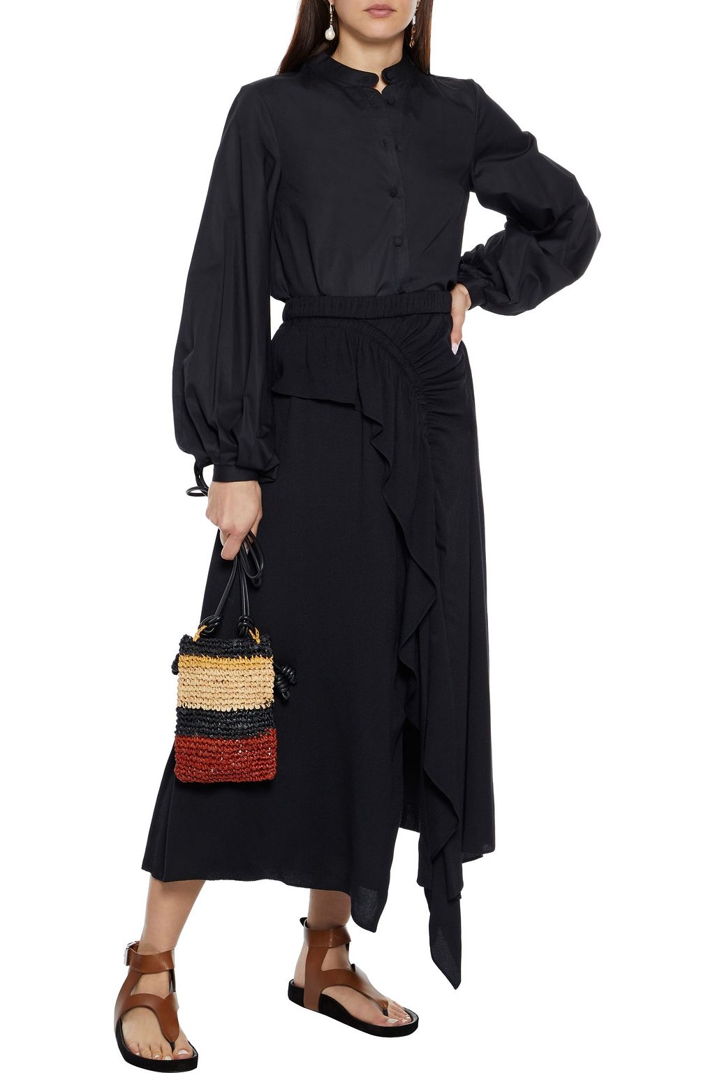 ULLA JOHNSON Sofia asymmetric ruffled crepe midi skirt