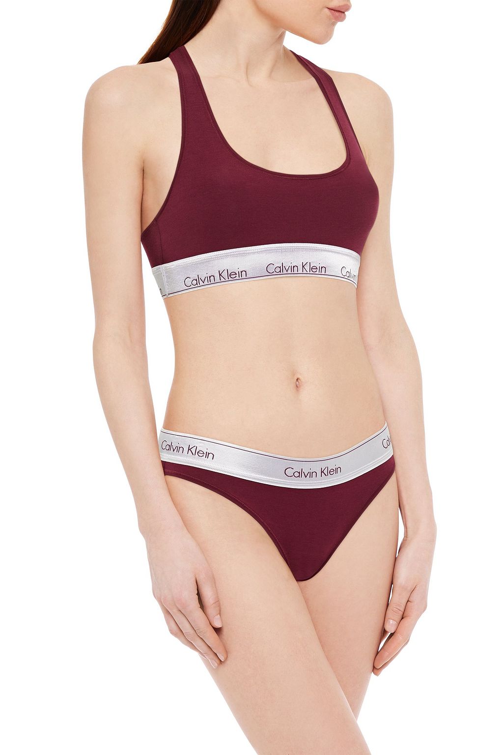CALVIN KLEIN Monogram-trimmed stretch-cotton and modal-blend jersey sports bra