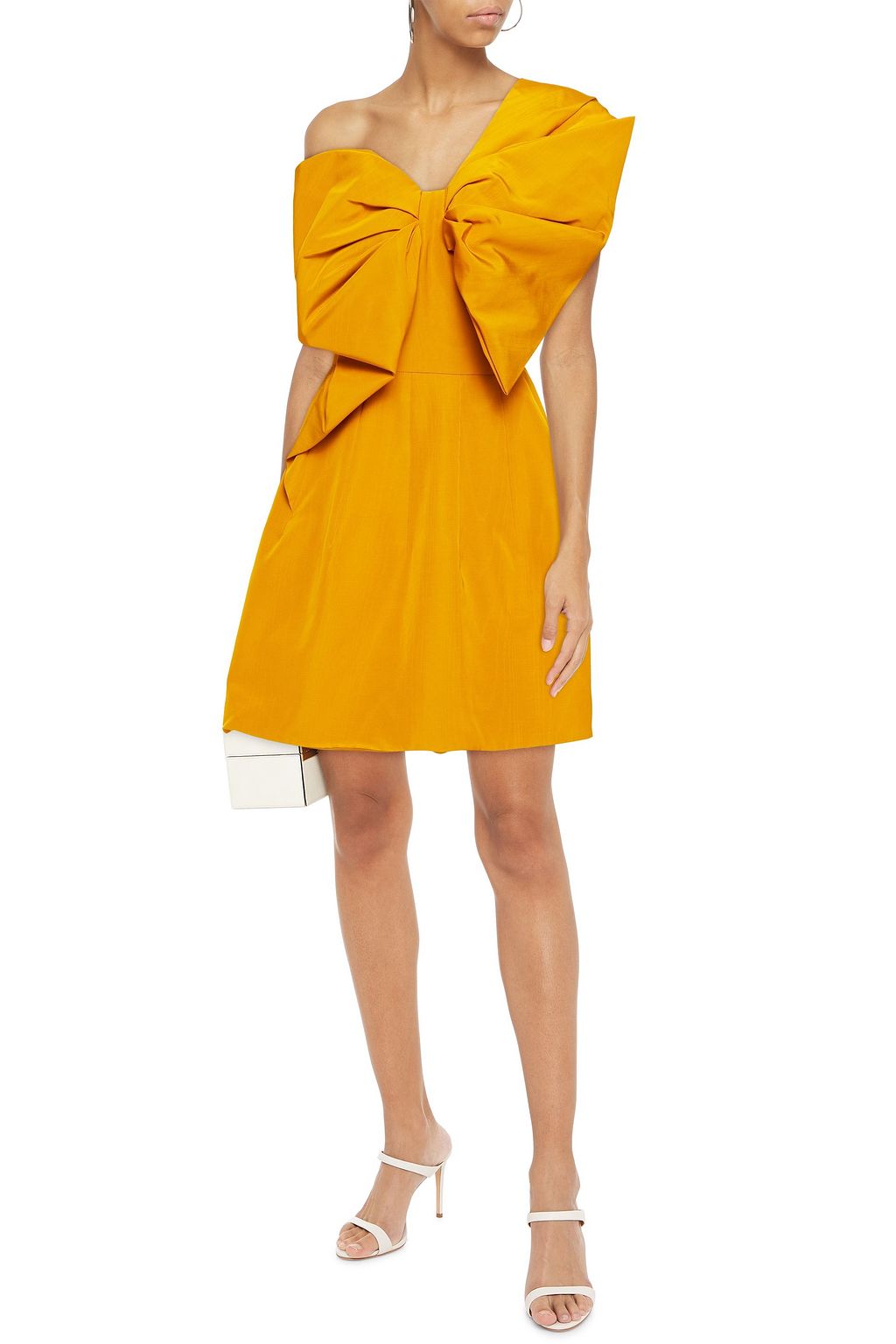 OSCAR DE LA RENTA One-shoulder bow-embellished cotton-blend moire mini dress