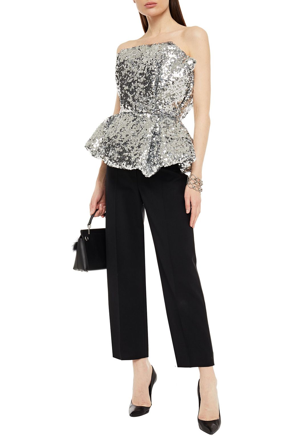 OSCAR DE LA RENTA Strapless sequined tulle peplum top