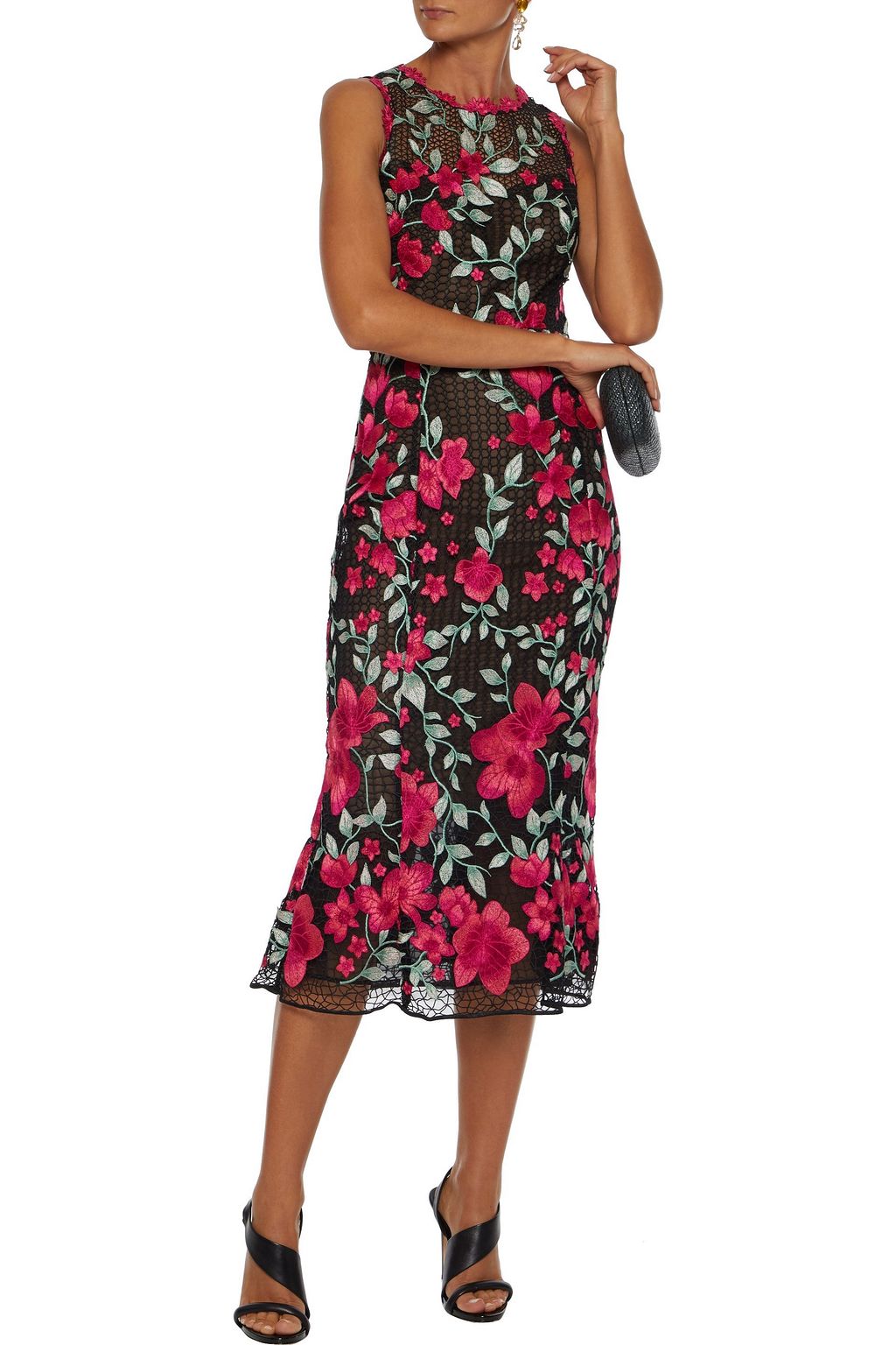 MARCHESA NOTTE Floral-appliquéd macramé lace midi dress
