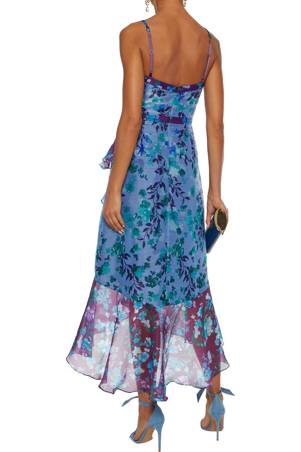 MARCHESA NOTTE Draped floral-print metallic chiffon midi dress