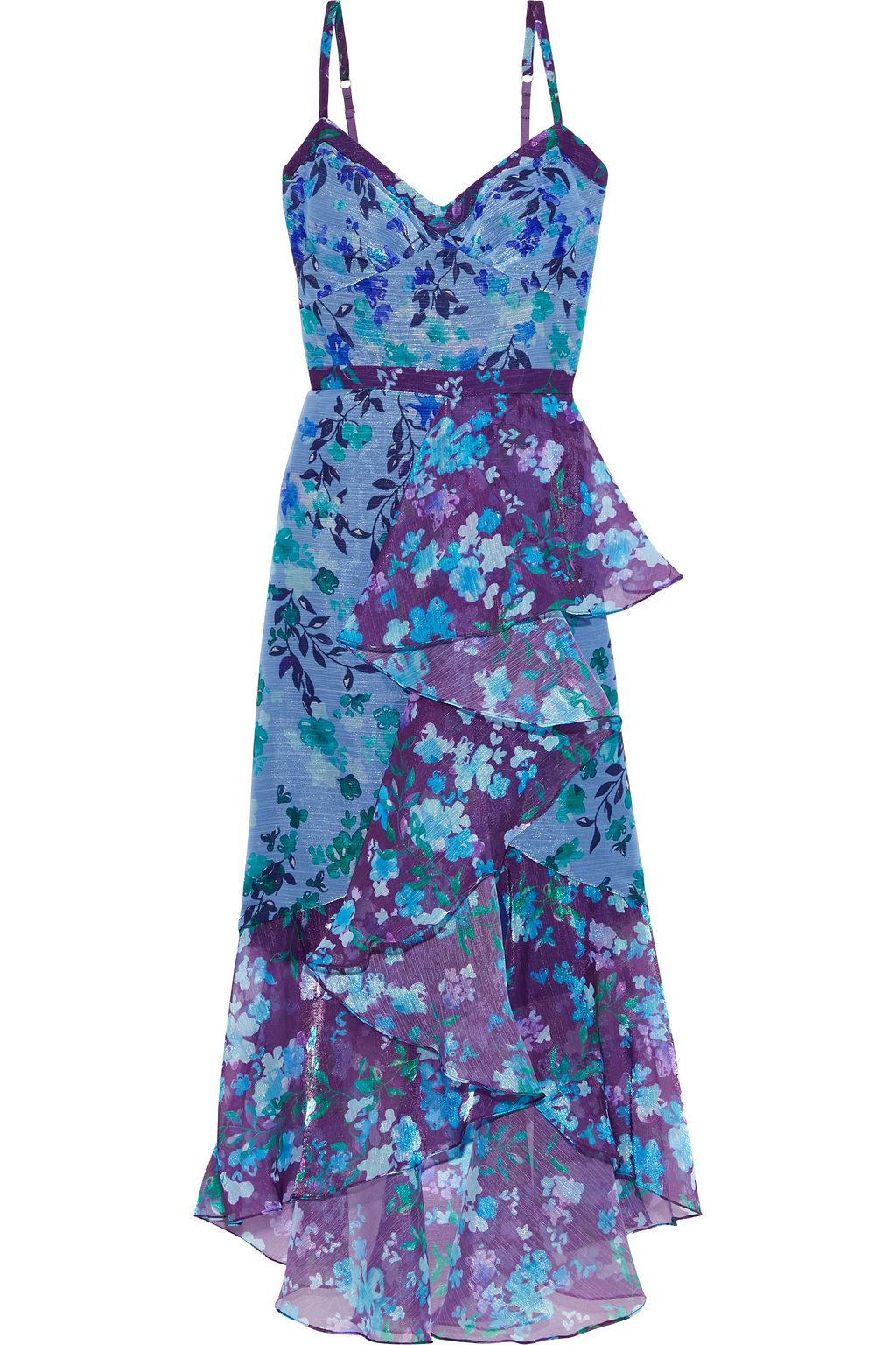 Blue Draped Floral Print Metallic Chiffon Midi Dress Sale Up To 70 Off The Outnet Marchesa Notte The Outnet